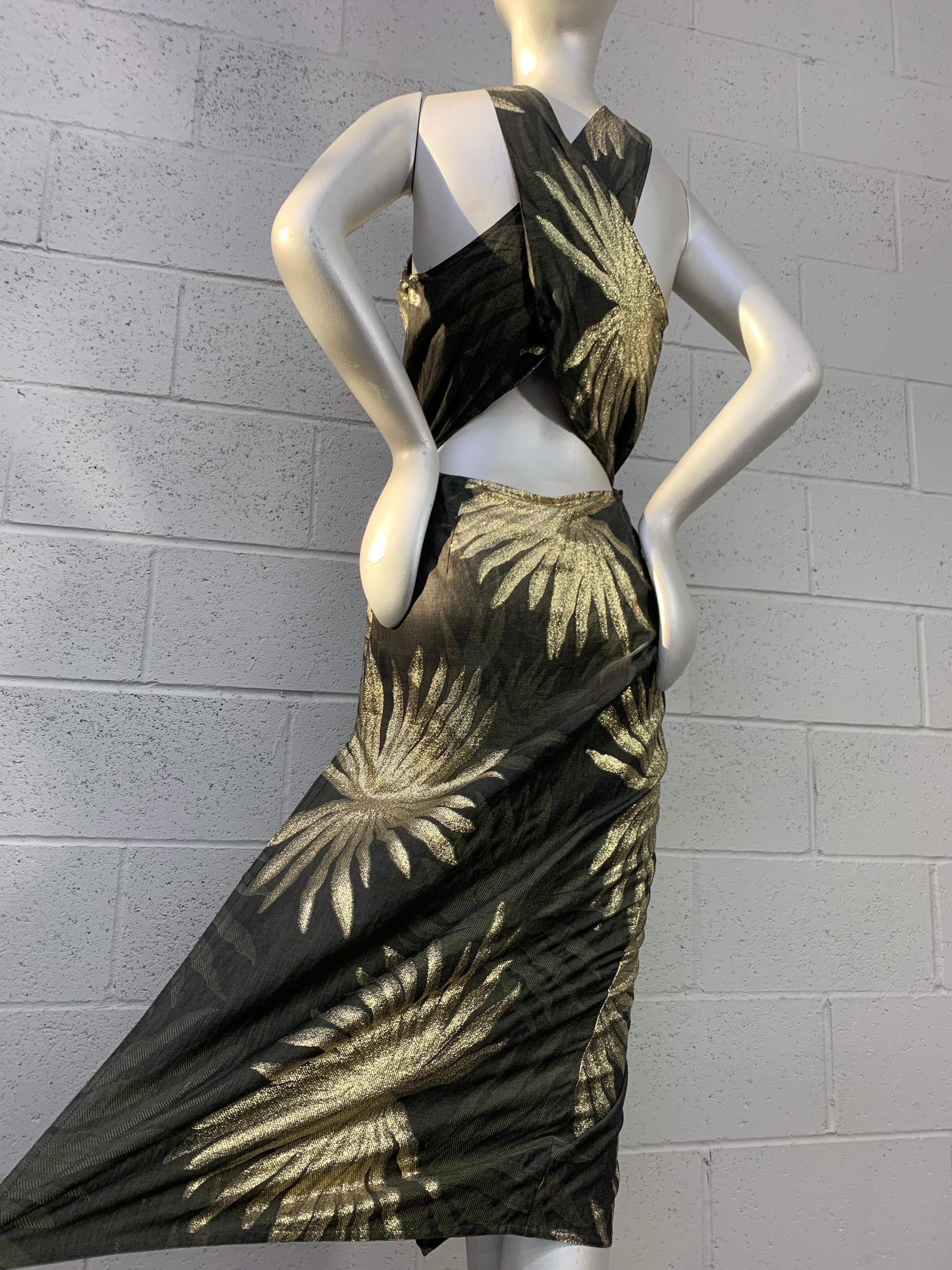 Black 1980s Pancaldi Linen & Lame Criss-Cross Open-Back Halter Gown w/ Palm Leaf Motif For Sale