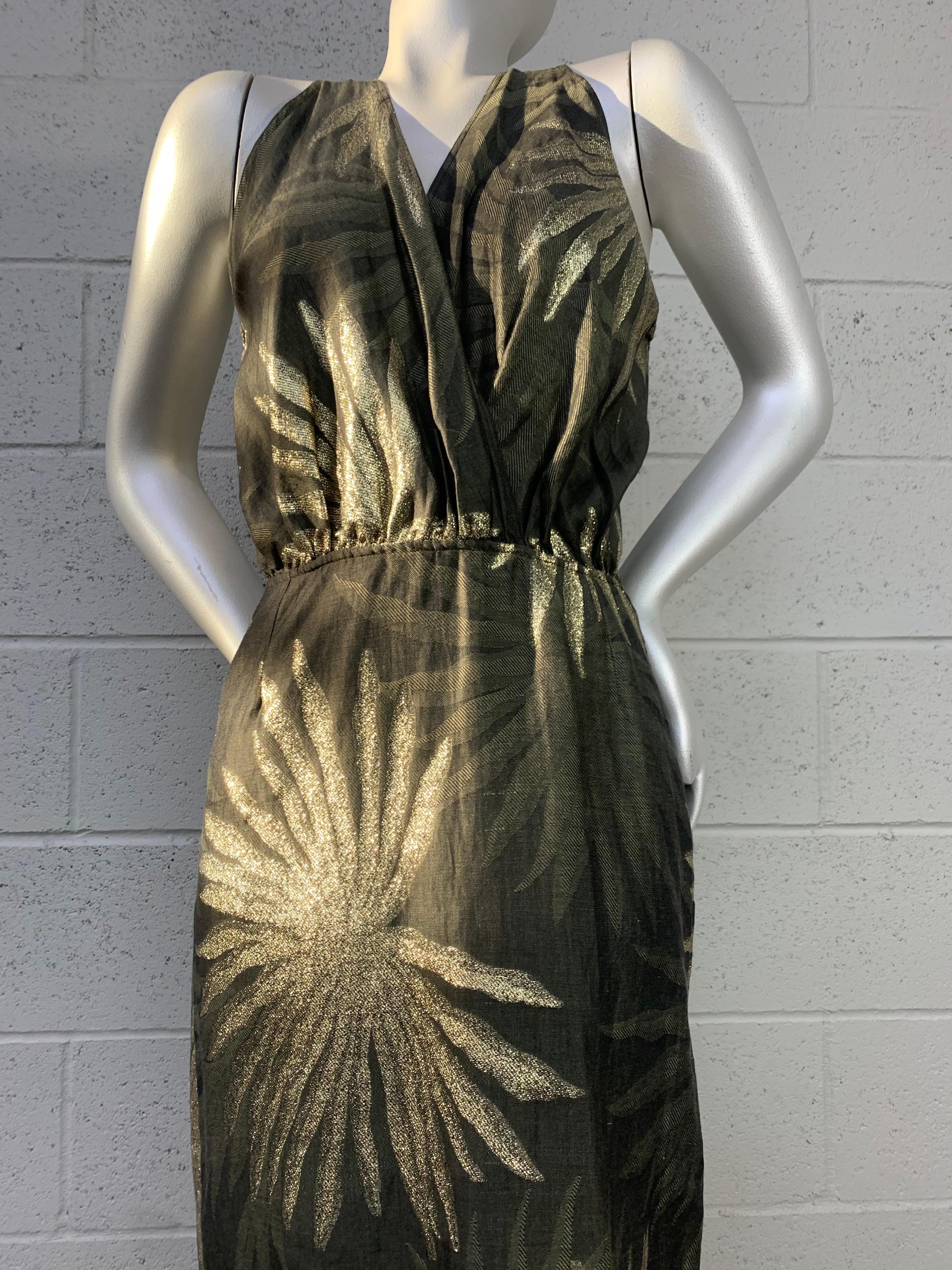 1980s Pancaldi Linen & Lame Criss-Cross Open-Back Halter Gown w/ Palm Leaf Motif In Excellent Condition For Sale In Gresham, OR