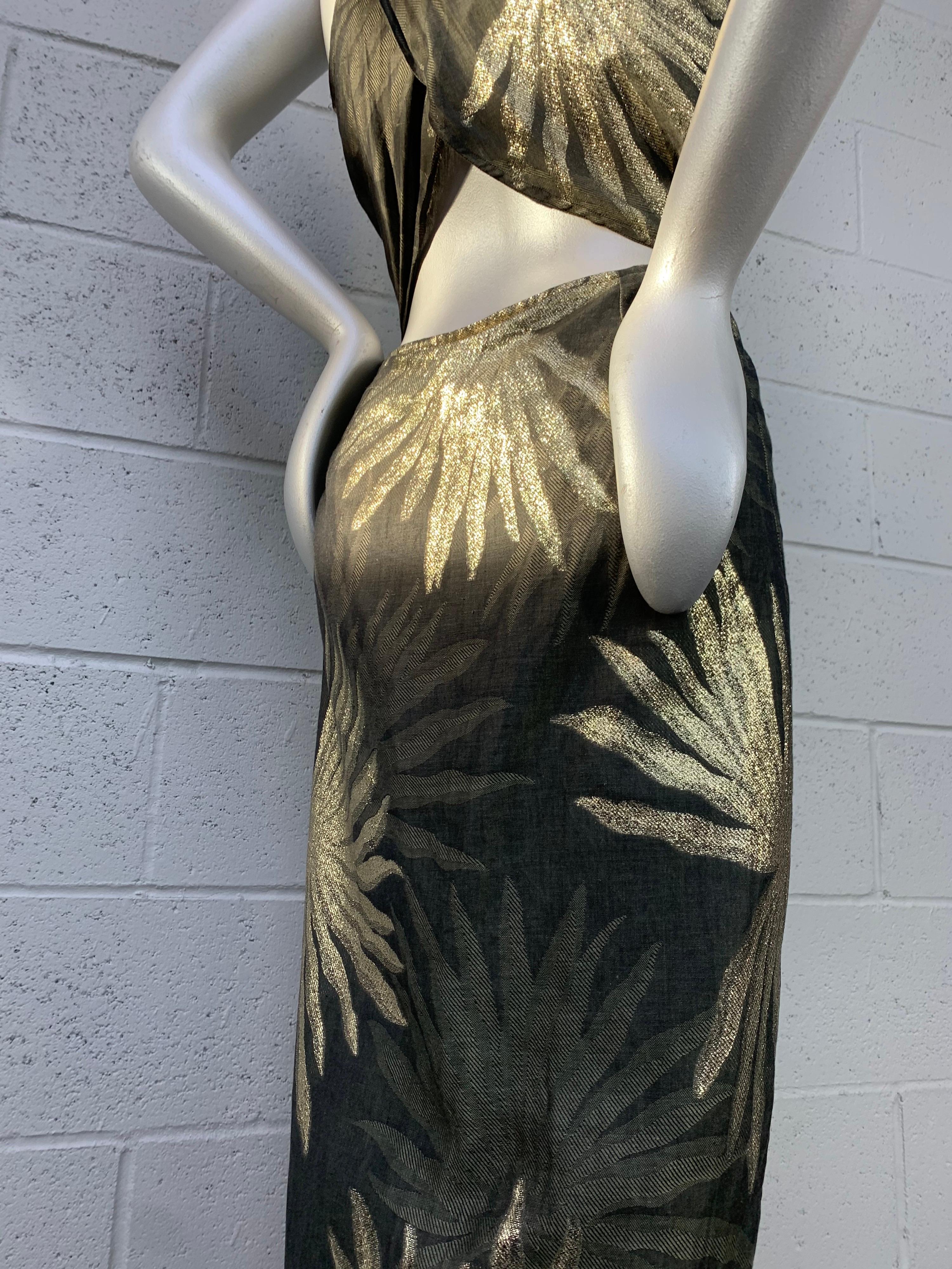1980s Pancaldi Linen & Lame Criss-Cross Open-Back Halter Gown w/ Palm Leaf Motif For Sale 2