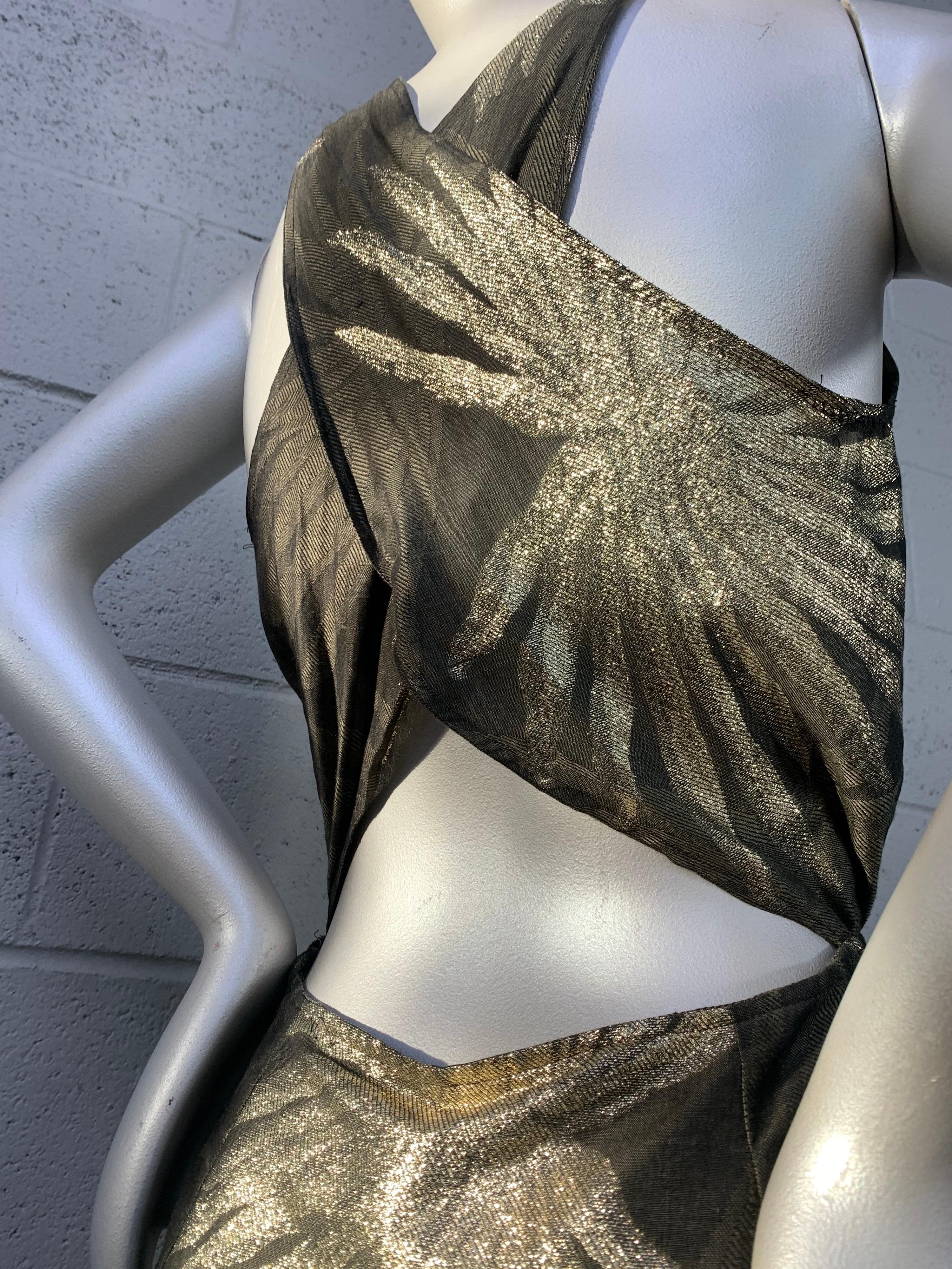 1980s Pancaldi Linen & Lame Criss-Cross Open-Back Halter Gown w/ Palm Leaf Motif For Sale 3