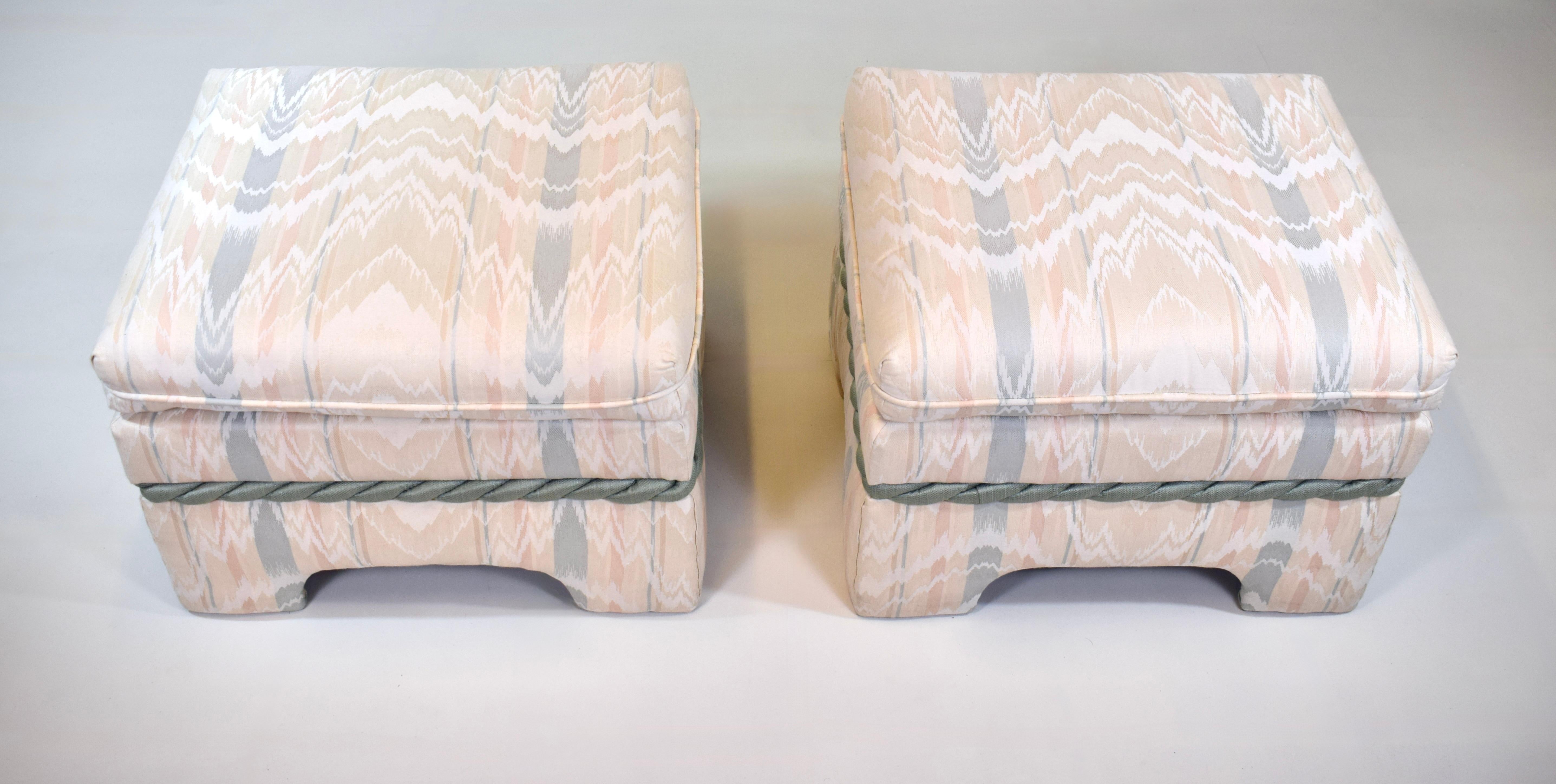 High quality custom pair of ottomans; Design Center of New York, c. 1980's. Substantial solid wood construction in exceptionally well maintained original condition ready for use.