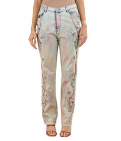 1980S Pastel Bleached Cotton/Lycra Denim Pants With Lace & Beading