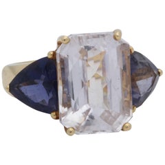 1980s Pastel Color Pink Kunzite and Kite Shaped Blue Tanzanites Three-Stone Ring