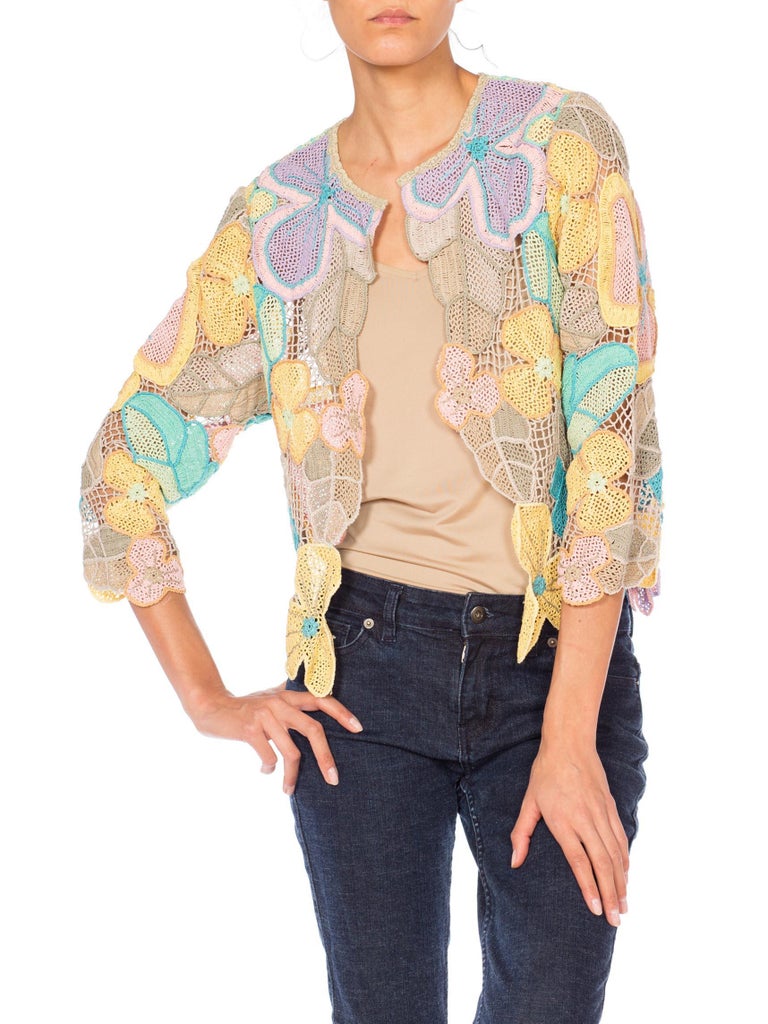 1980S Pastel Cotton Floral Hand Crocheted Cardigan at 1stDibs