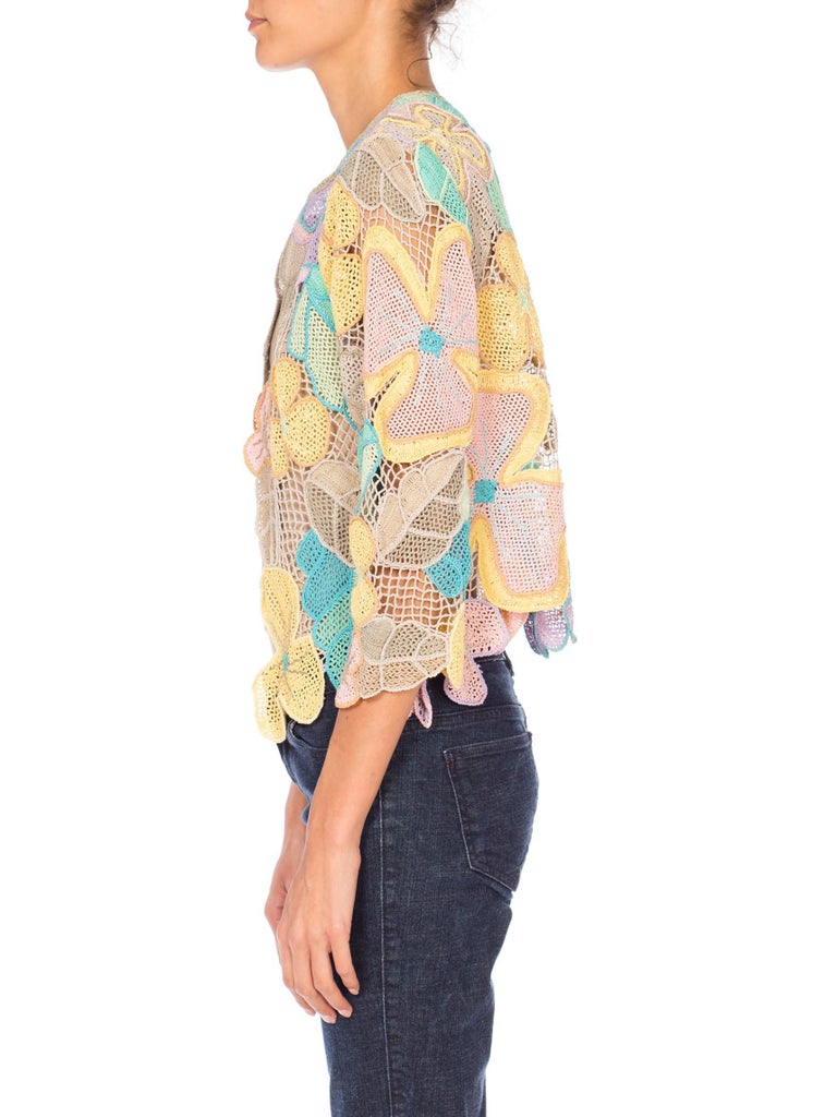 1980S Pastel Cotton Floral Hand Crocheted Cardigan at 1stDibs