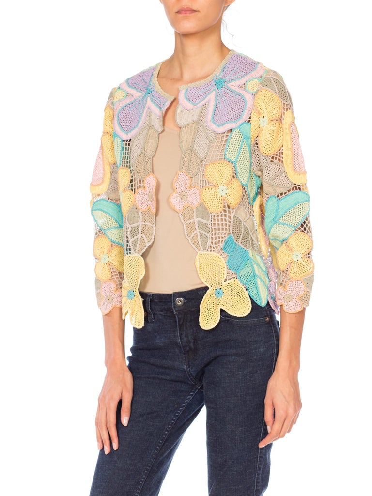 1980S Pastel Cotton Floral Hand Crocheted Cardigan at 1stDibs