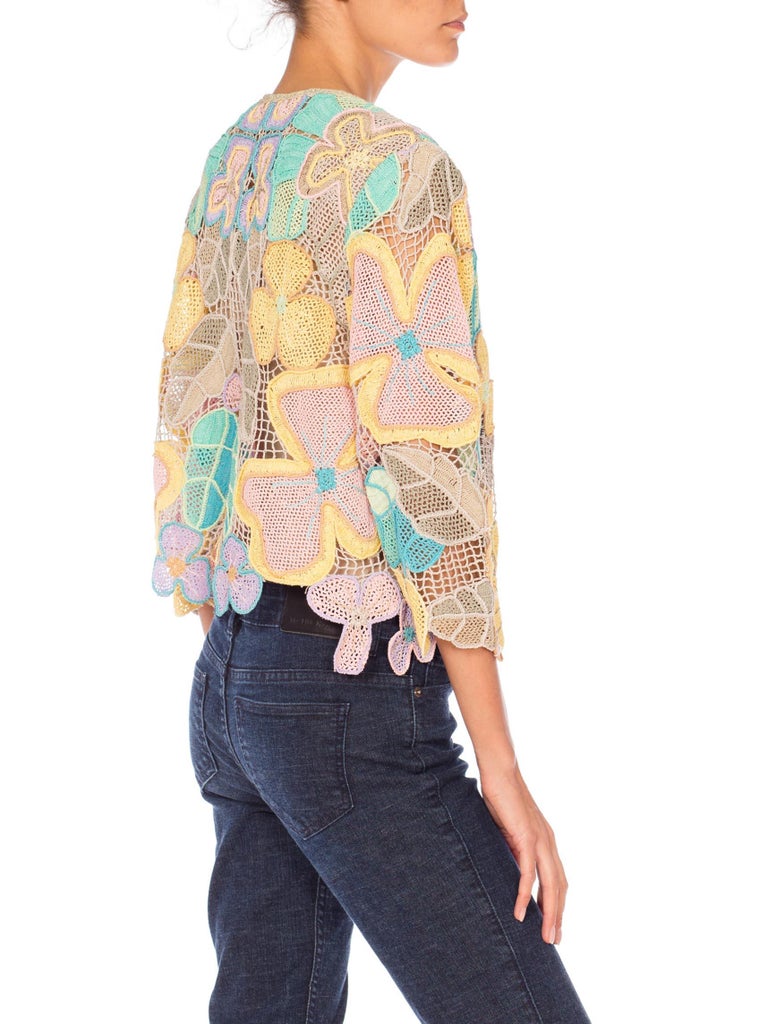 1980S Pastel Cotton Floral Hand Crocheted Cardigan at 1stDibs