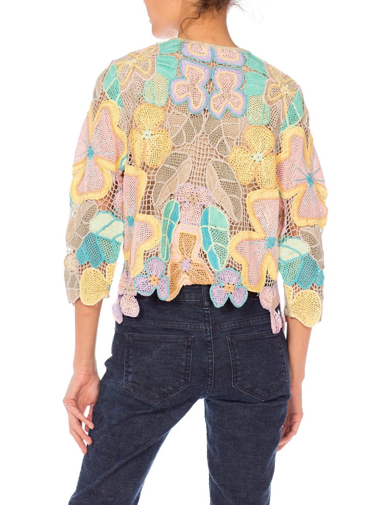 1980S Pastel Cotton Floral Hand Crocheted Cardigan at 1stDibs