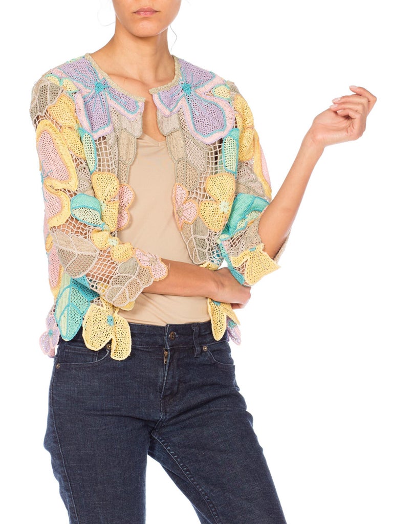 1980S Pastel Cotton Floral Hand Crocheted Cardigan at 1stDibs