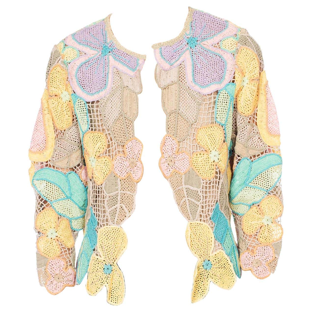 1980S Pastel Cotton Floral Hand Crocheted Cardigan at 1stDibs