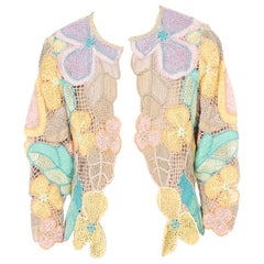 Vintage 1980S Pastel Cotton Floral Hand Crocheted  Cardigan