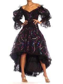 1980S PAT KERR LONDON Black Lace & Sequined Silk Organza High-Low Gown