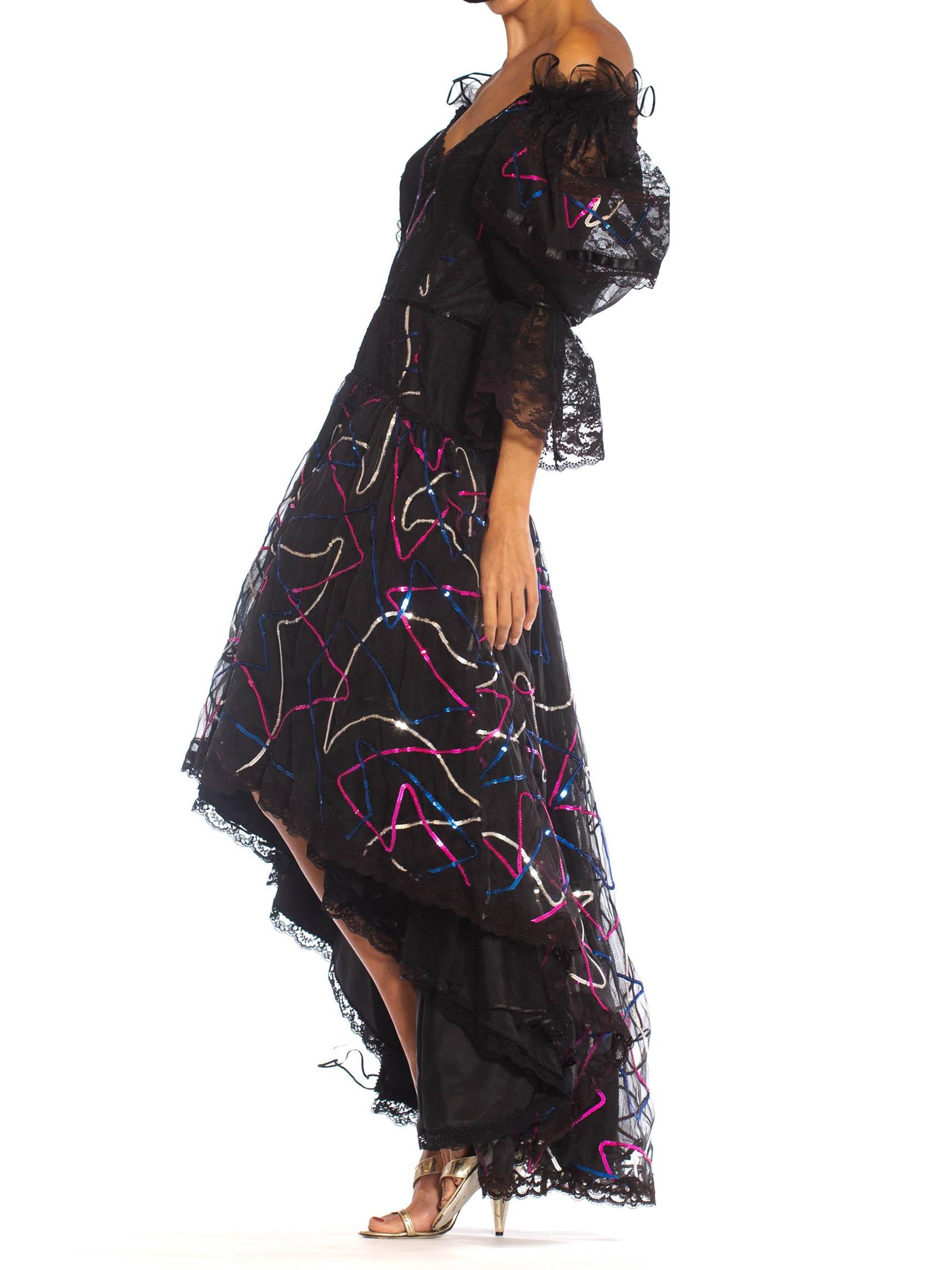 1980S PAT KERR LONDON Black Lace & Sequined Silk Organza High-Low Gown For Sale 1