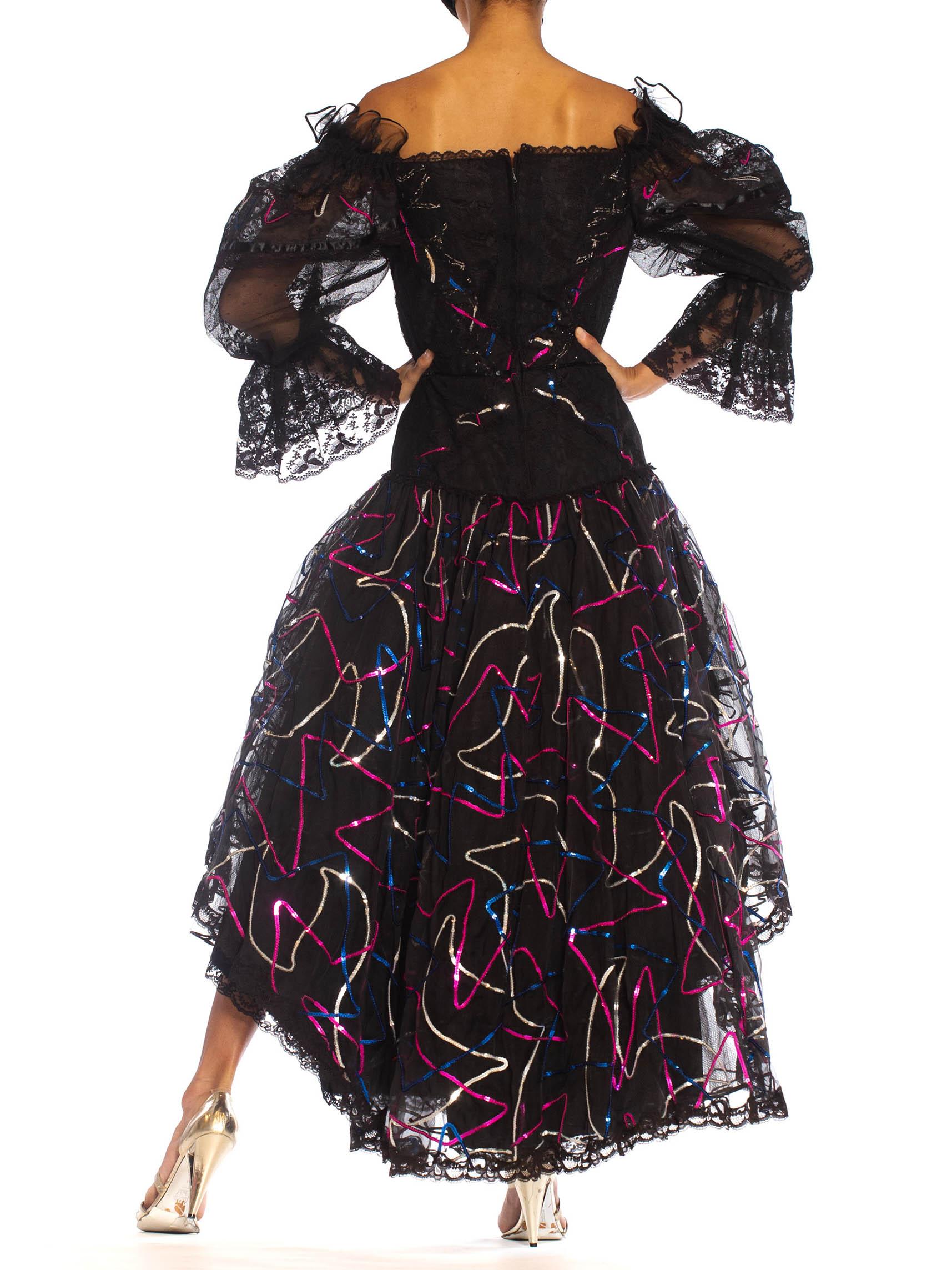 1980S PAT KERR LONDON Black Lace & Sequined Silk Organza High-Low Gown For Sale 3