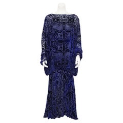 1980s Patricia and Charles Lester 'Zelda' Navy Blue Devoree Velvet Gown