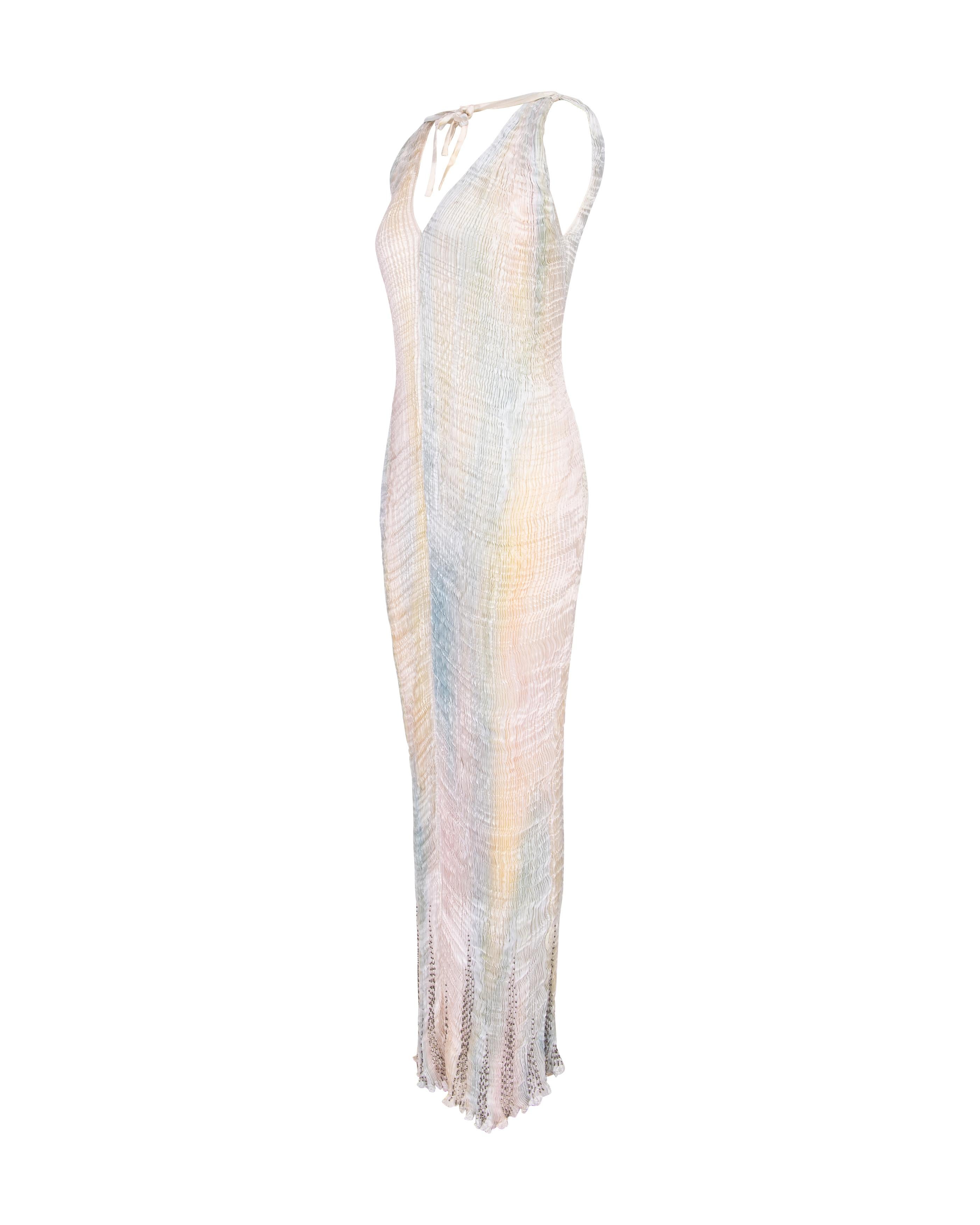 1980's Patricia Lester Fortuny Pleated Embellished Pastel Gown In Excellent Condition In North Hollywood, CA
