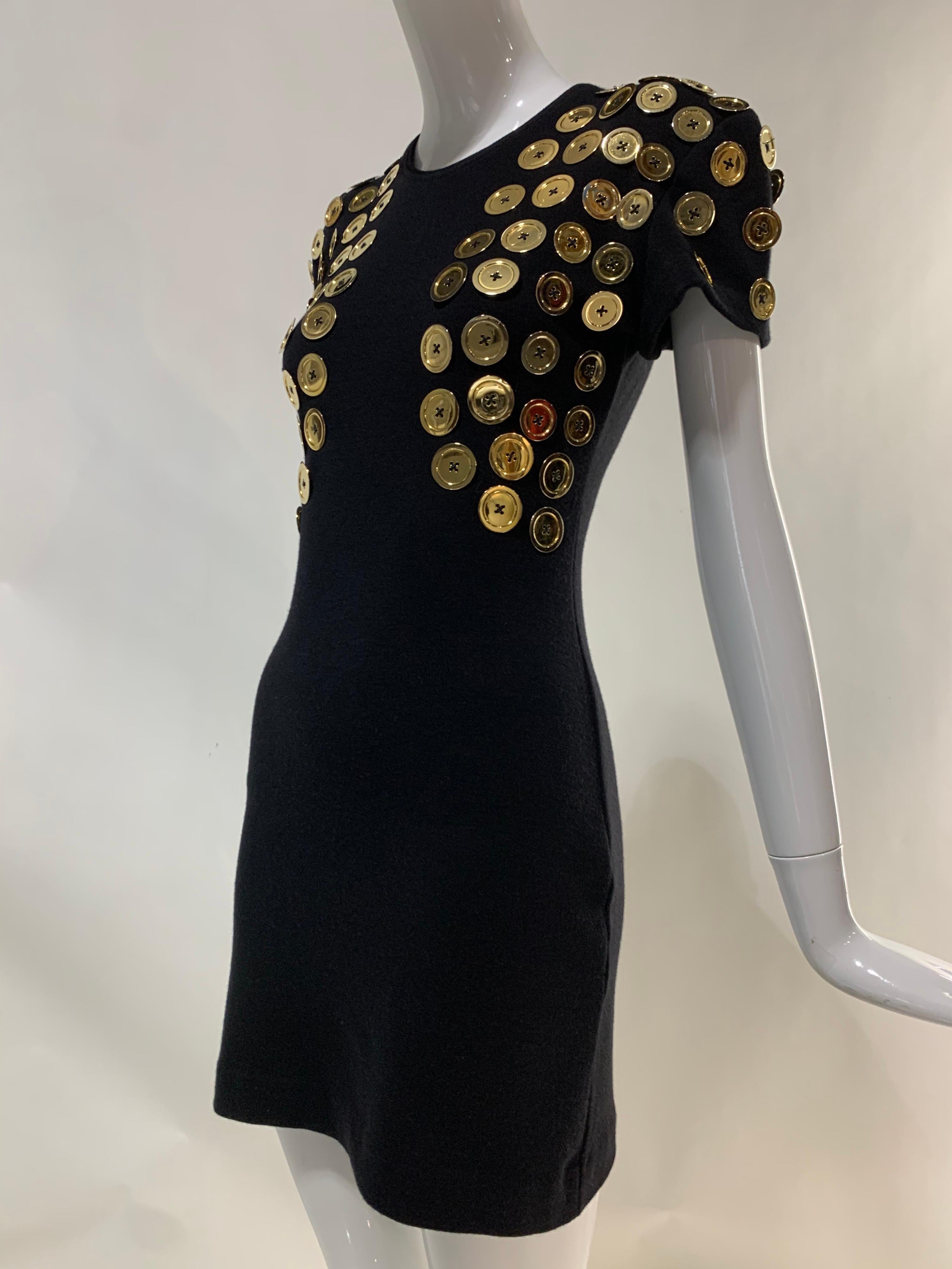 1980s Patrick Kelly Black Mini Dress w/ Trompe L'Oeil Bolero Of Gold Buttons For Sale 4