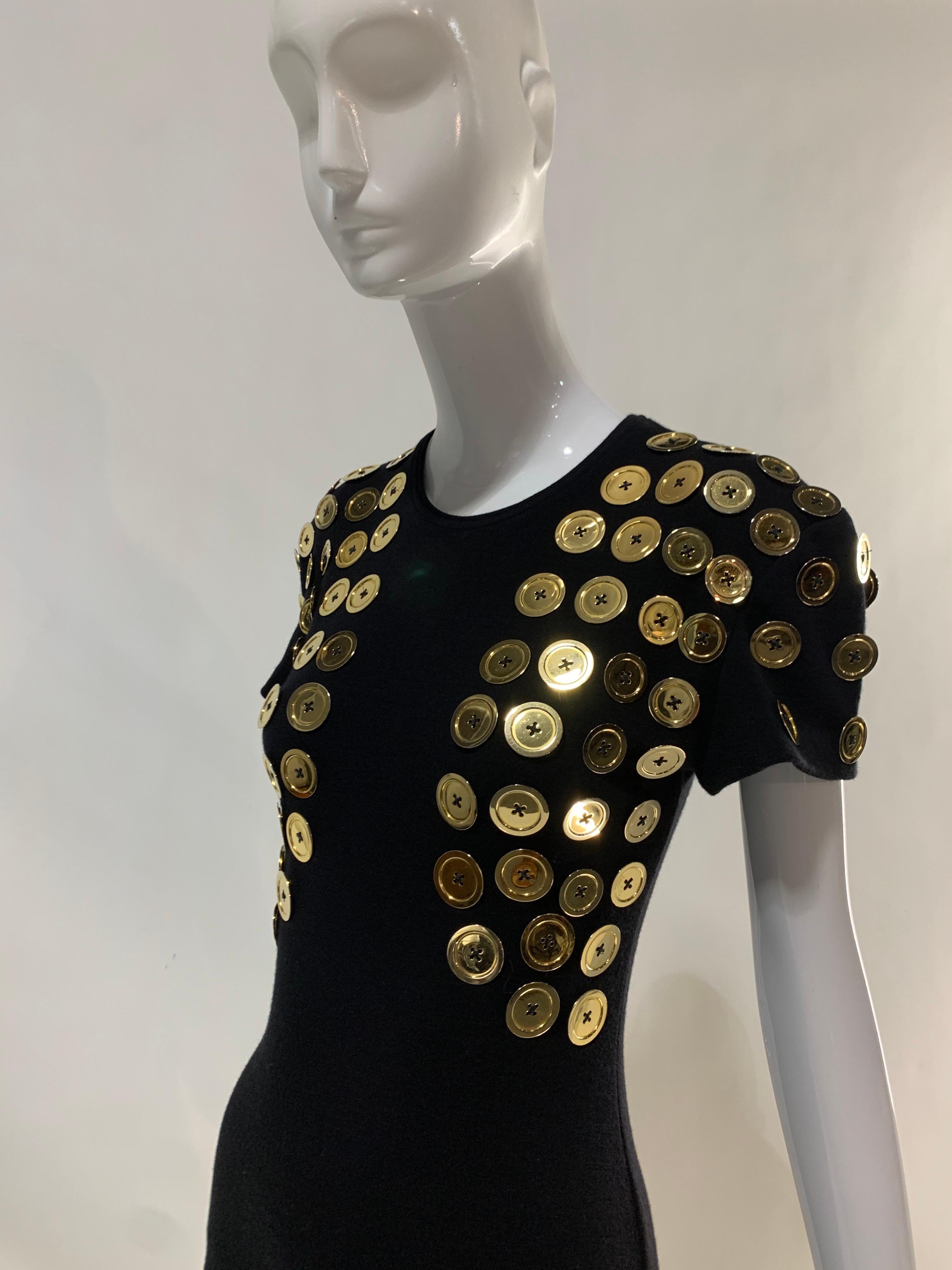 1980s Patrick Kelly Black Mini Dress w/ Trompe L'Oeil Bolero Of Gold Buttons For Sale 5