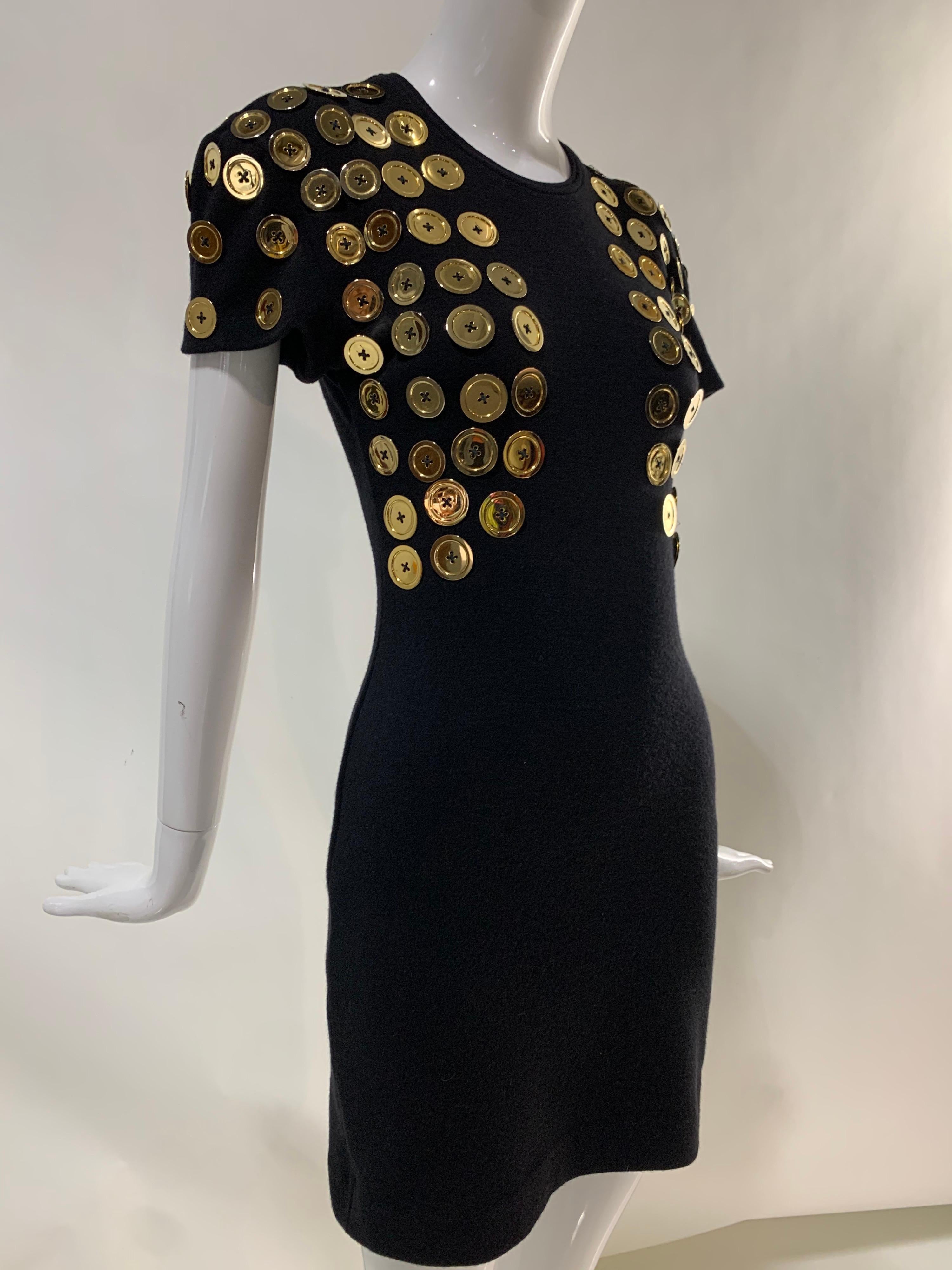 1980s Patrick Kelly Black Mini Dress w/ Trompe L'Oeil Bolero Of Gold Buttons For Sale 6