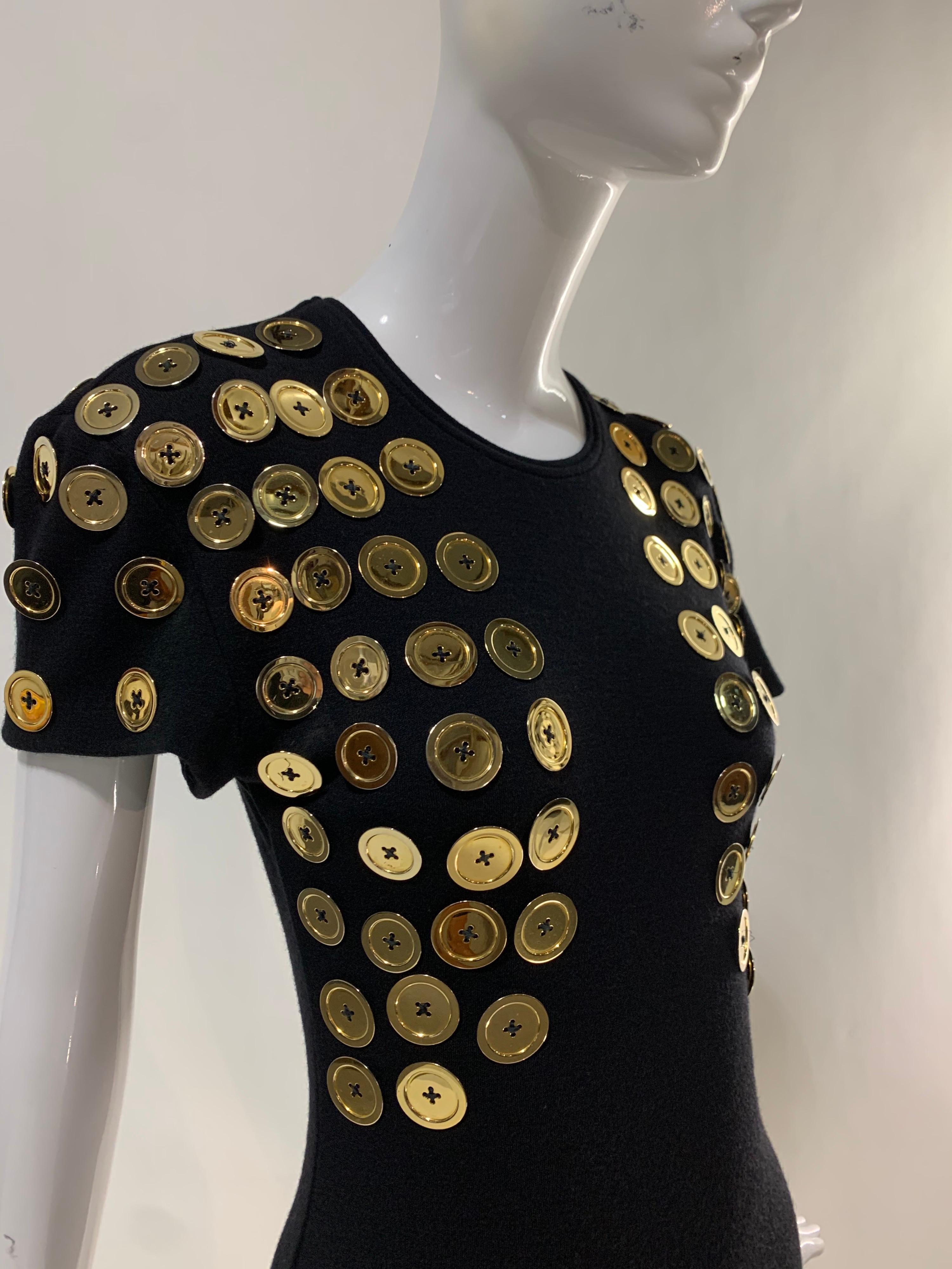 1980s Patrick Kelly Black Mini Dress w/ Trompe L'Oeil Bolero Of Gold Buttons For Sale 7