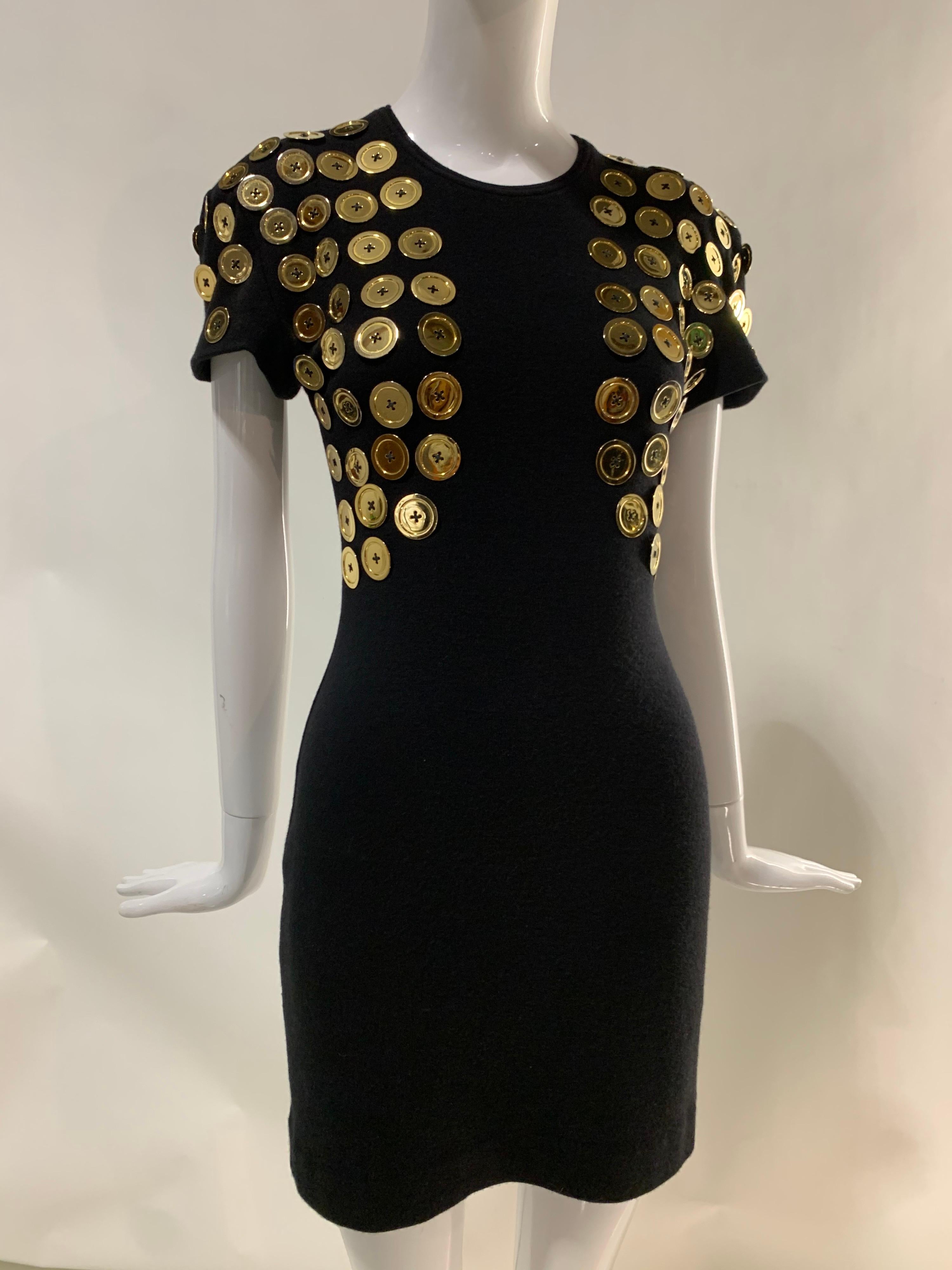 1980s Patrick Kelly Black Mini Dress w/ Trompe L'Oeil Bolero Of Gold Buttons In Excellent Condition For Sale In Gresham, OR