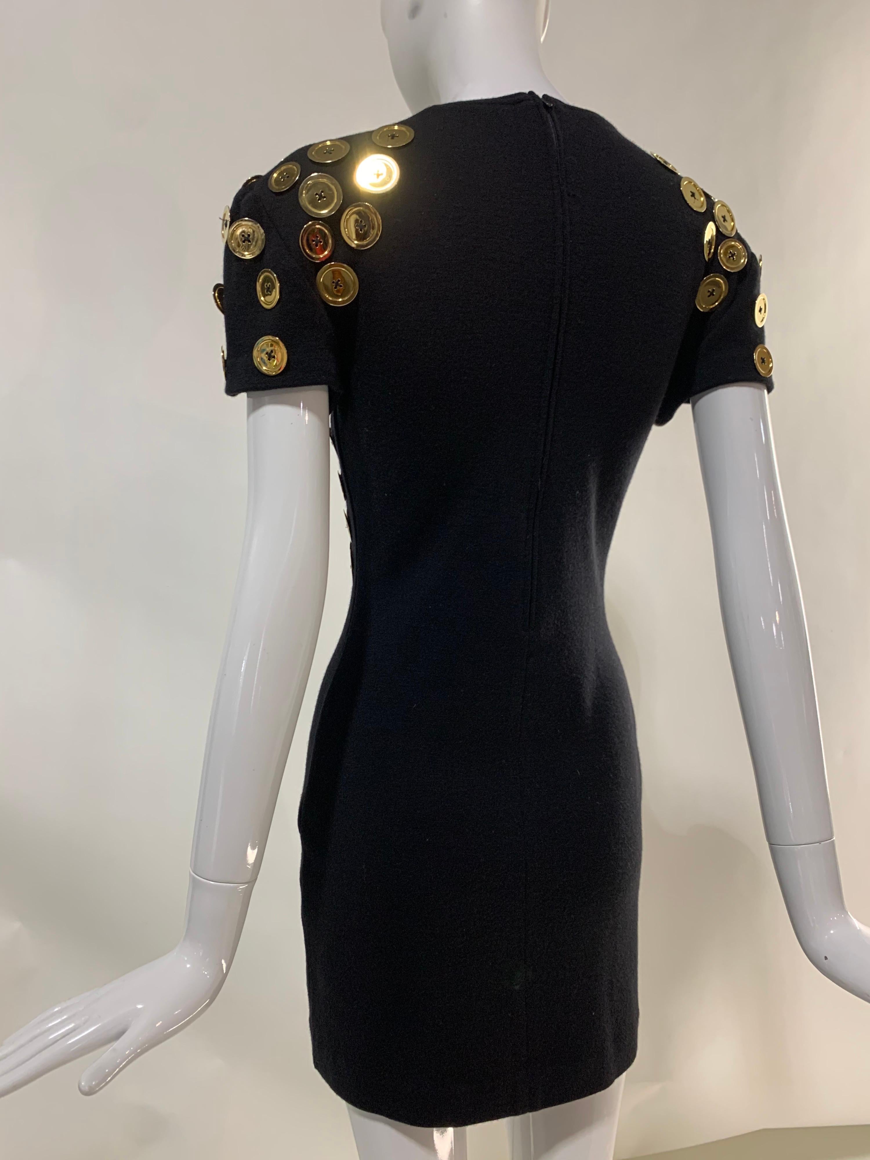 1980s Patrick Kelly Black Mini Dress w/ Trompe L'Oeil Bolero Of Gold Buttons For Sale 1