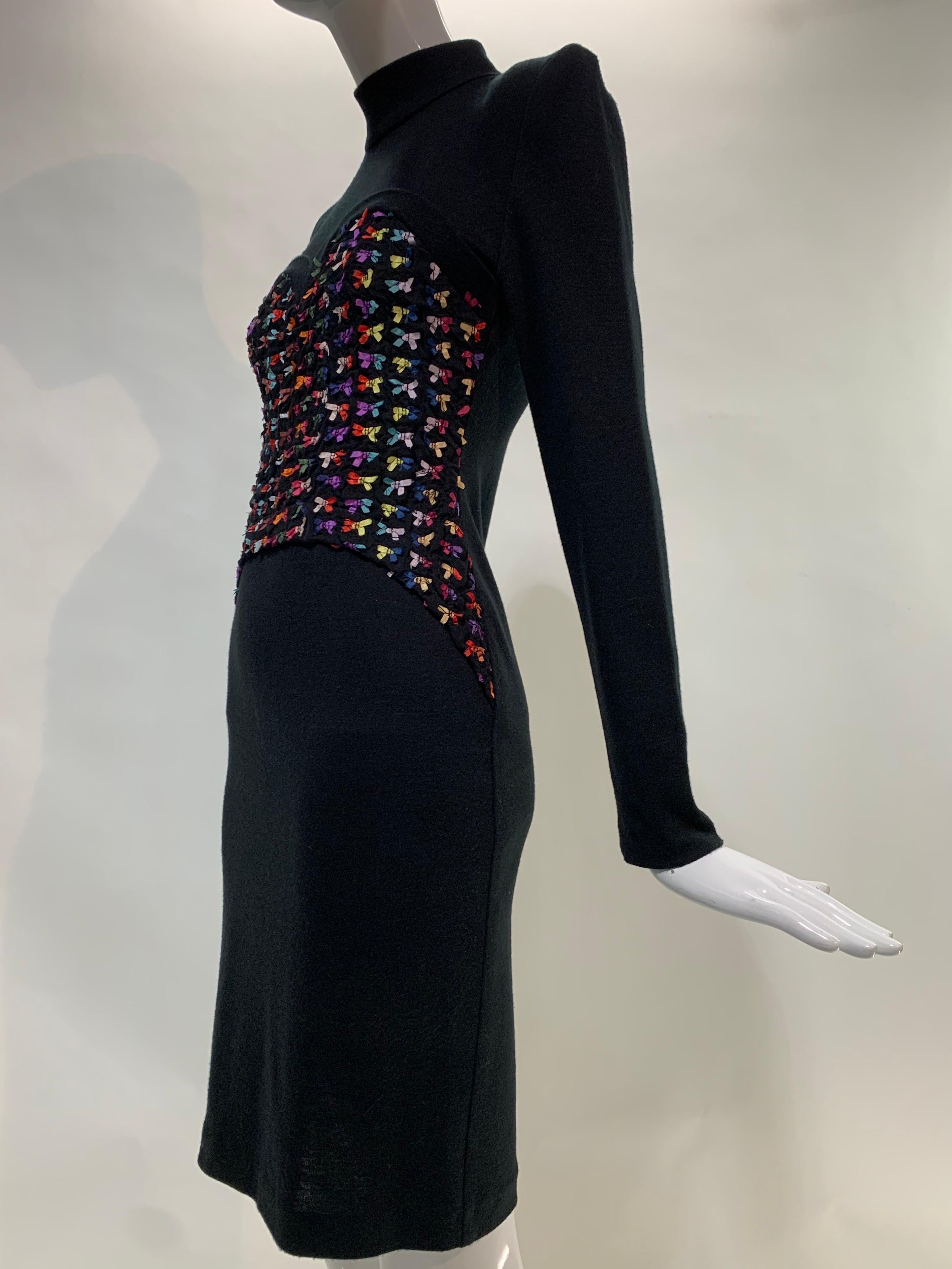 1980s Patrick Kelly Black Wool Jersey Dress w/ Trompe L'Oeil Ribbon Bow Corset 3