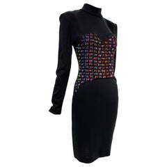 1980s Patrick Kelly Black Wool Jersey Dress w/ Trompe L'Oeil Ribbon Bow Corset