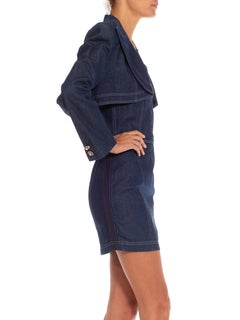 1980S PATRICK KELLY Blue Bleach Wash Cotton Denim Fitted Strapless Cocktail Dre