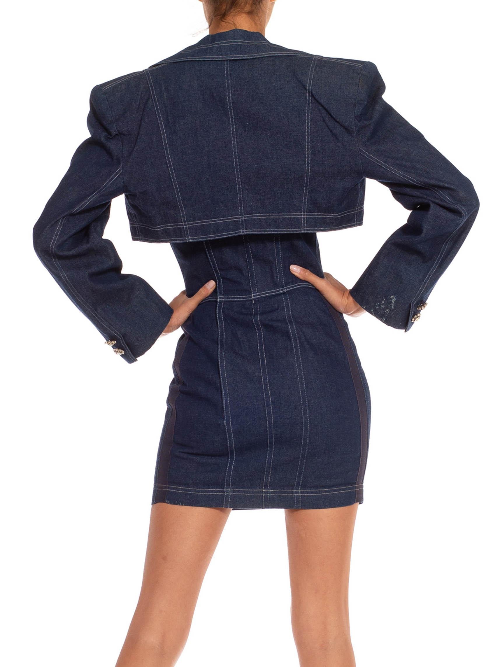 Women's 1980S PATRICK KELLY Blue Bleach Wash Cotton Denim Fitted Strapless Cocktail Dre