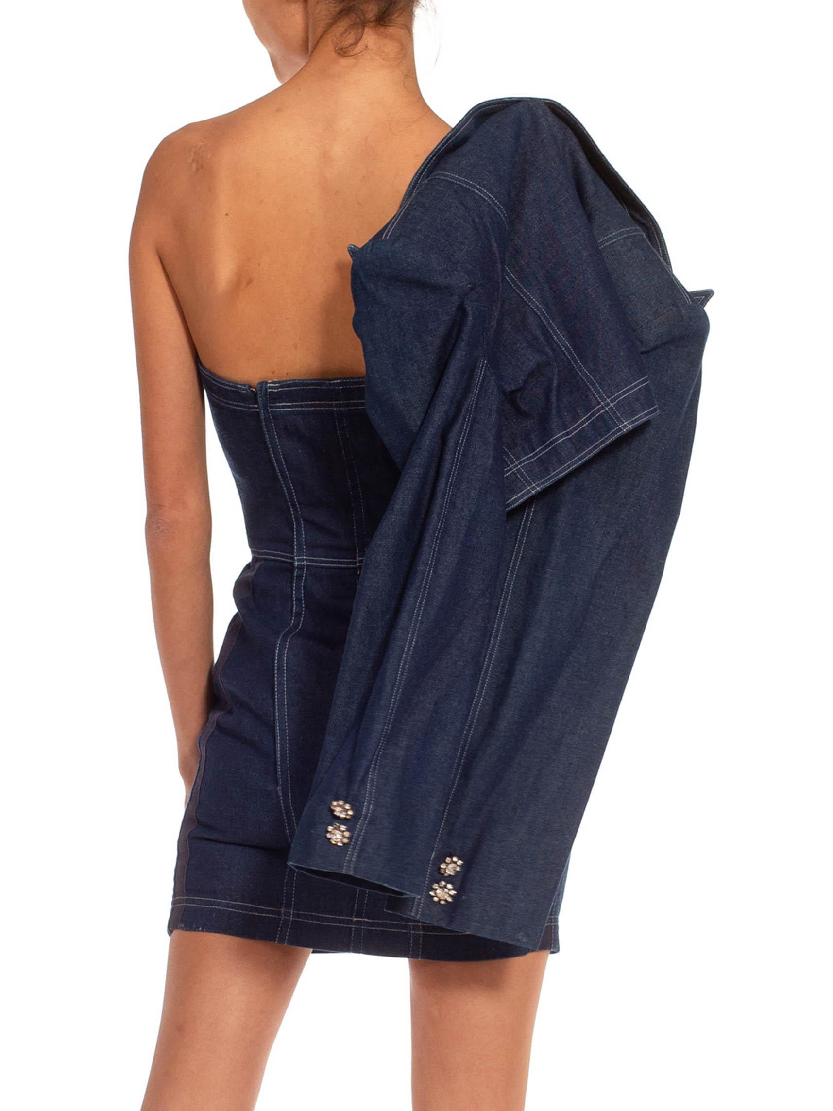 1980S PATRICK KELLY Blue Bleach Wash Cotton Denim Fitted Strapless Cocktail Dre 2
