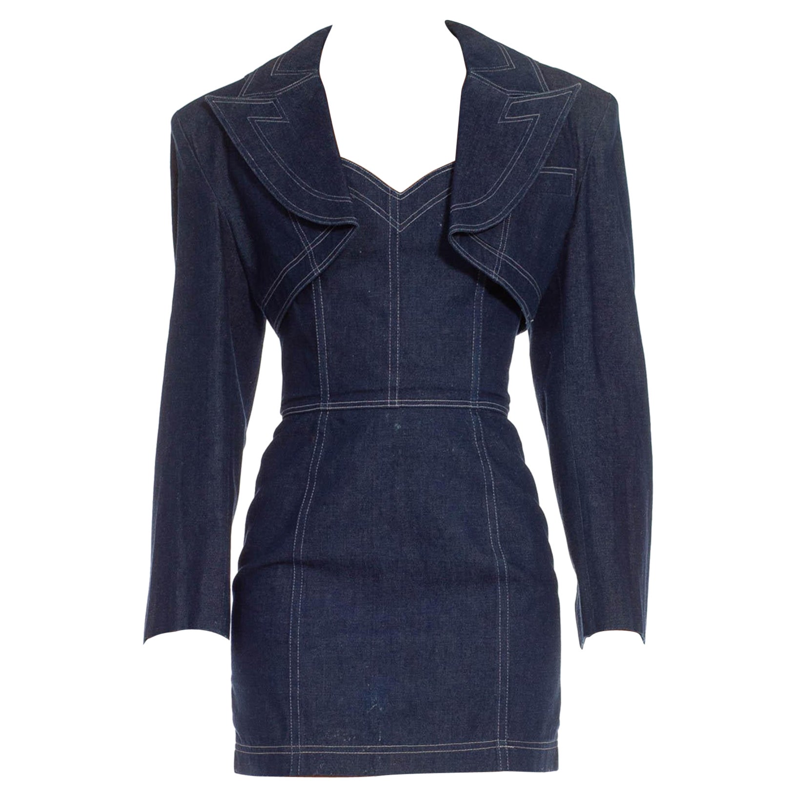 1980S PATRICK KELLY Blue Bleach Wash Cotton Denim Fitted Strapless Cocktail Dre