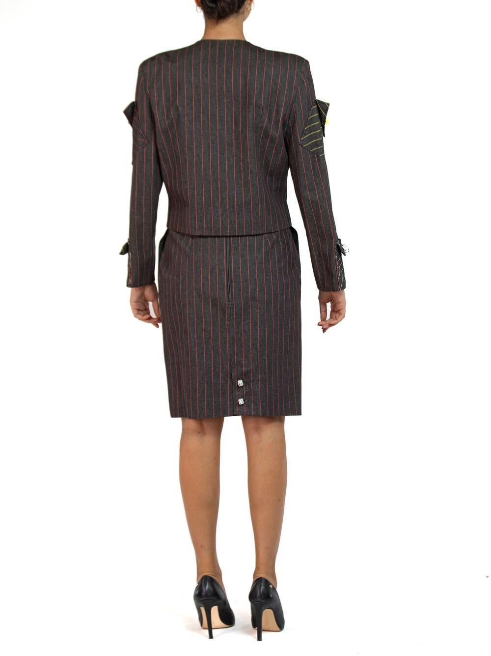 1980S PATRICK KELLY Charcoal & Red Pinstripe Denim Cotton Skirt Suit With Dice  In Excellent Condition In New York, NY