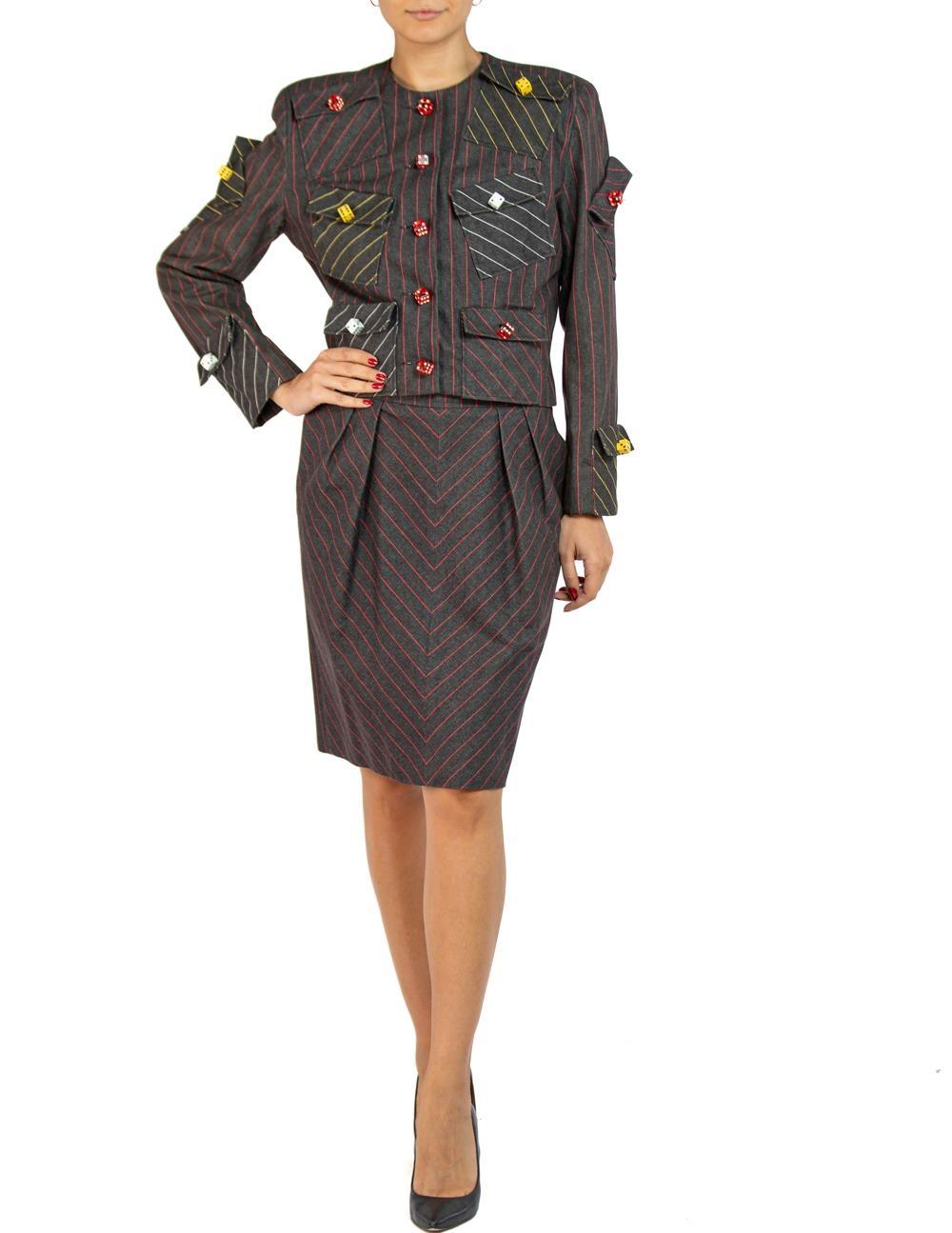1980S PATRICK KELLY Charcoal & Red Pinstripe Denim Cotton Skirt Suit With Dice  1