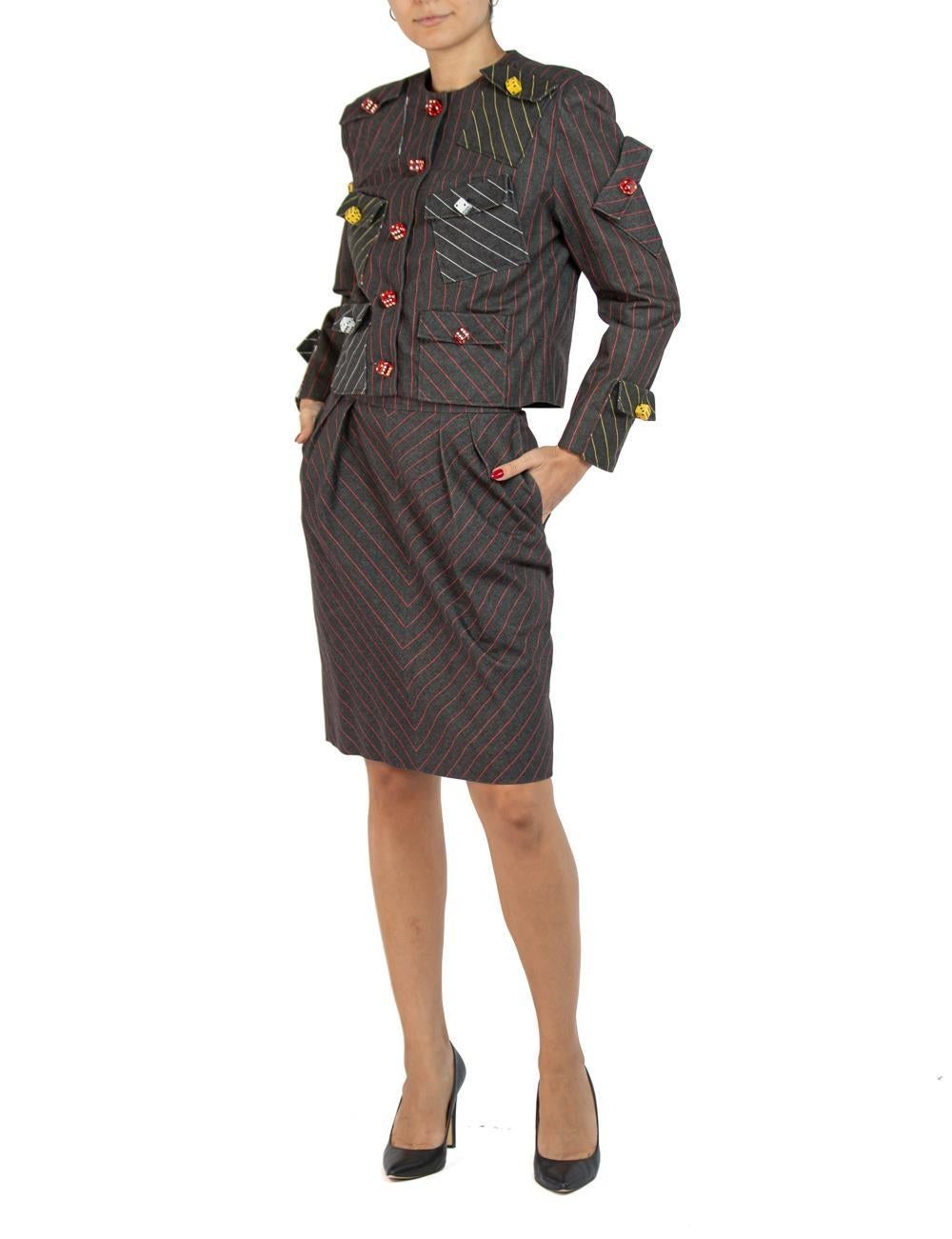 1980S PATRICK KELLY Charcoal & Red Pinstripe Denim Cotton Skirt Suit With Dice  2
