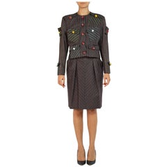 1980S PATRICK KELLY Charcoal & Red Pinstripe Denim Cotton Skirt Suit With Dice