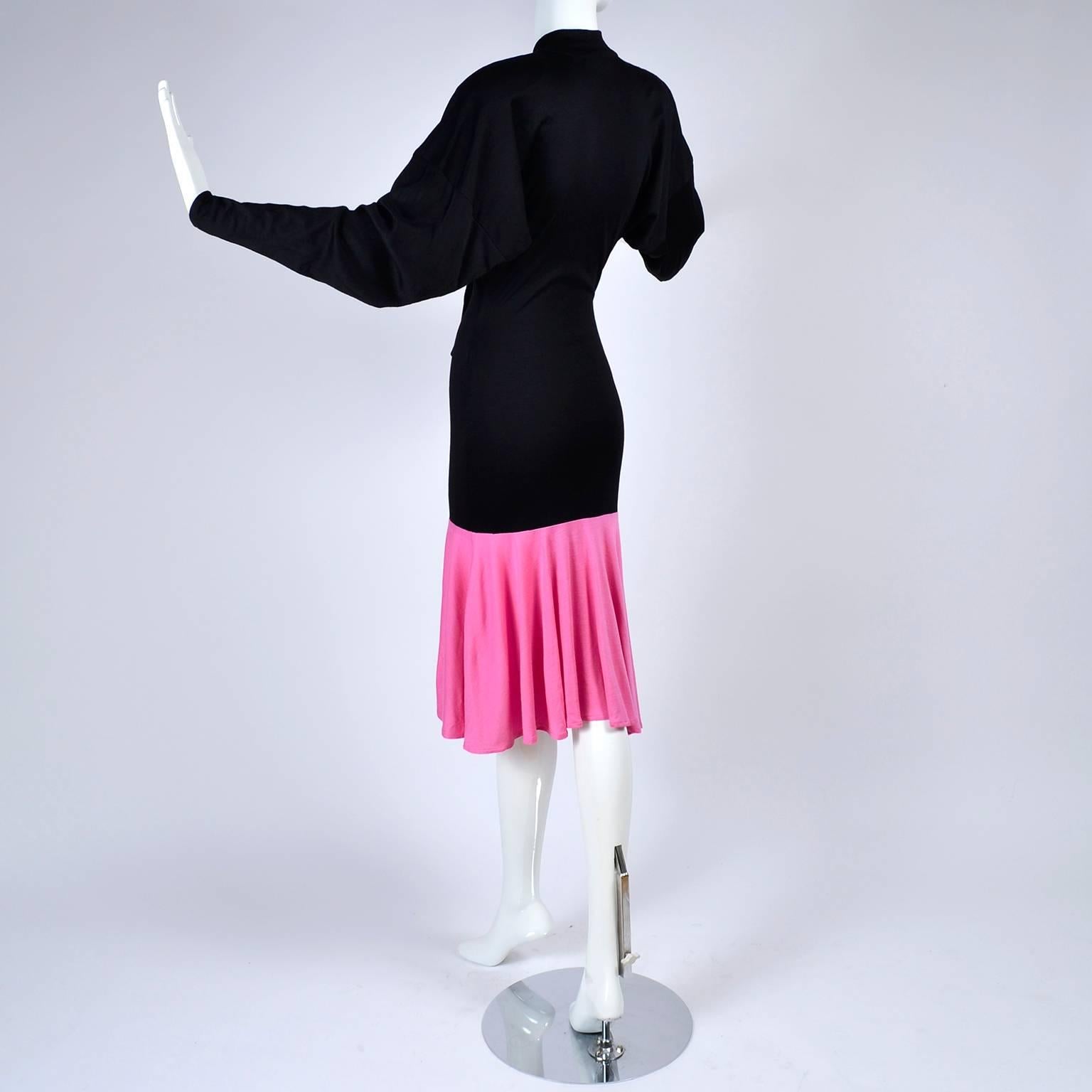 1980s Patrick Kelly Dress in Pink & Black Color Block Jersey Flounce Ruffle 1
