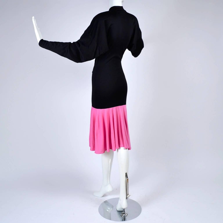 1980s Patrick Kelly Dress in Pink & Black Color Block Jersey Flounce Ruffle For Sale 1