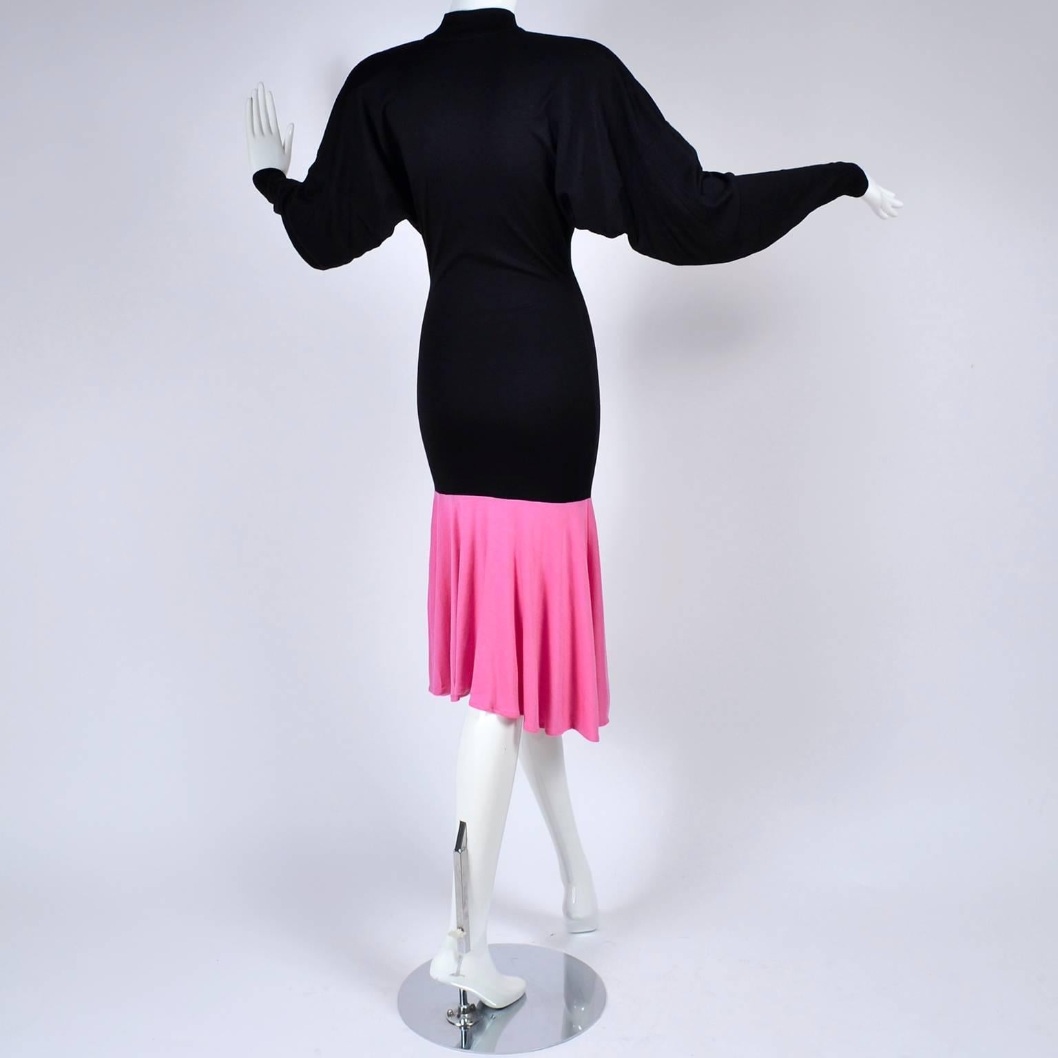 1980s Patrick Kelly Dress in Pink & Black Color Block Jersey Flounce Ruffle 2