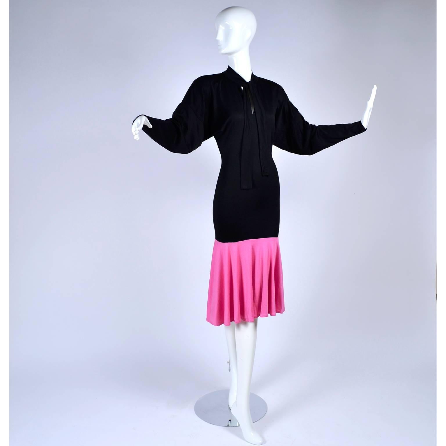 1980s Patrick Kelly Dress in Pink & Black Color Block Jersey Flounce Ruffle 4