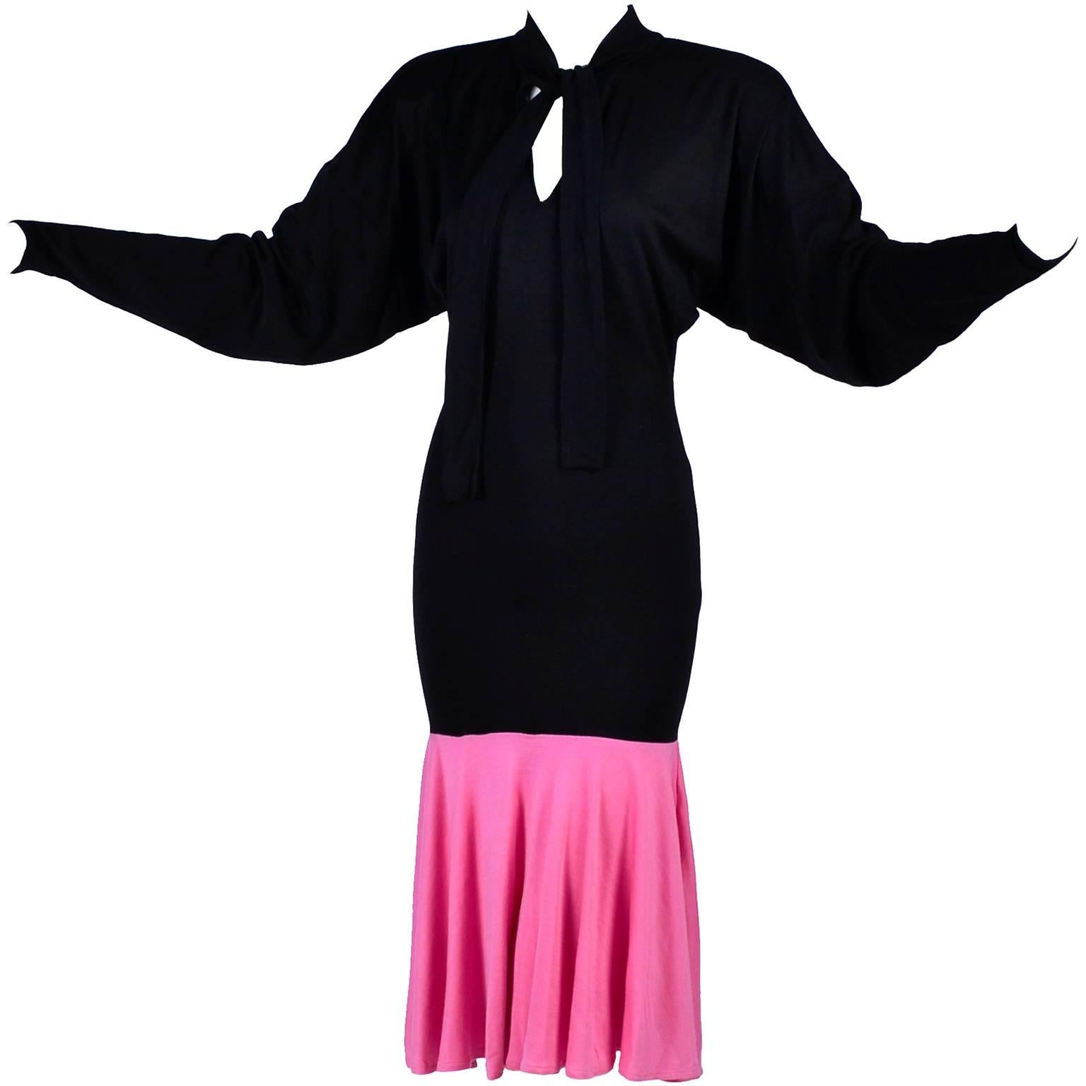 1980s Patrick Kelly Dress in Pink & Black Color Block Jersey Flounce Ruffle