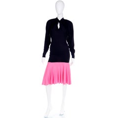 1980s Patrick Kelly Dress in Pink & Black Color Block Jersey Flounce Ruffle