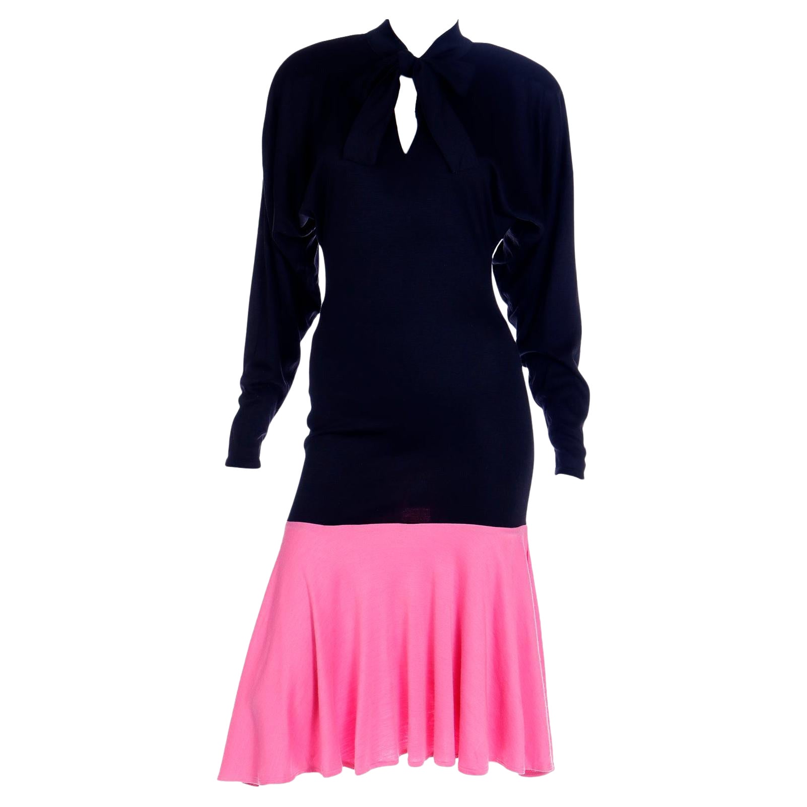 1980s Patrick Kelly Dress in Pink 
Black Color Block Jersey Flounce Ruffle For Sale