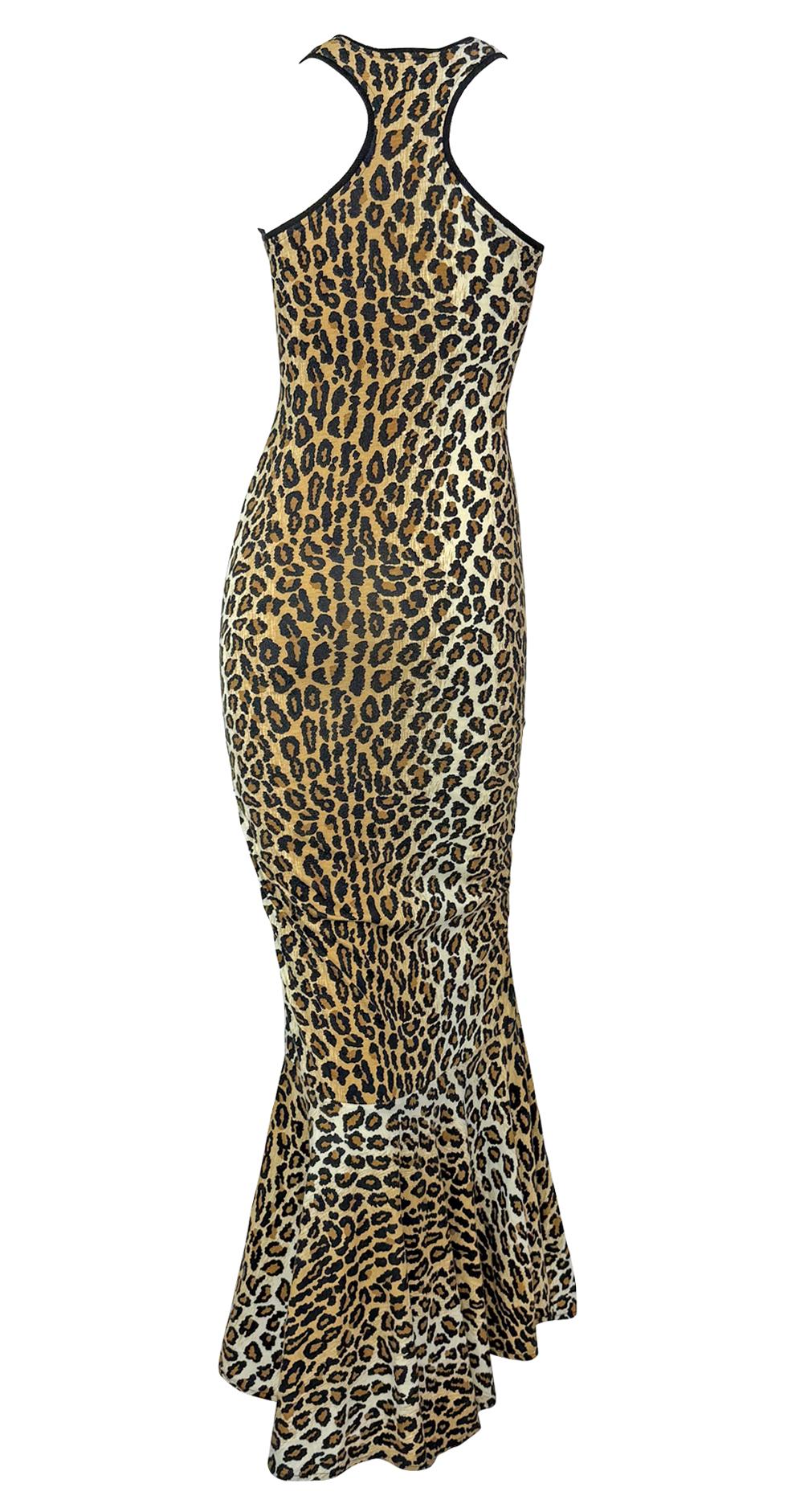 1980s Patrick Kelly Leopard Print Jersey Sleeveless Stretch Flare Gown In Excellent Condition For Sale In West Hollywood, CA