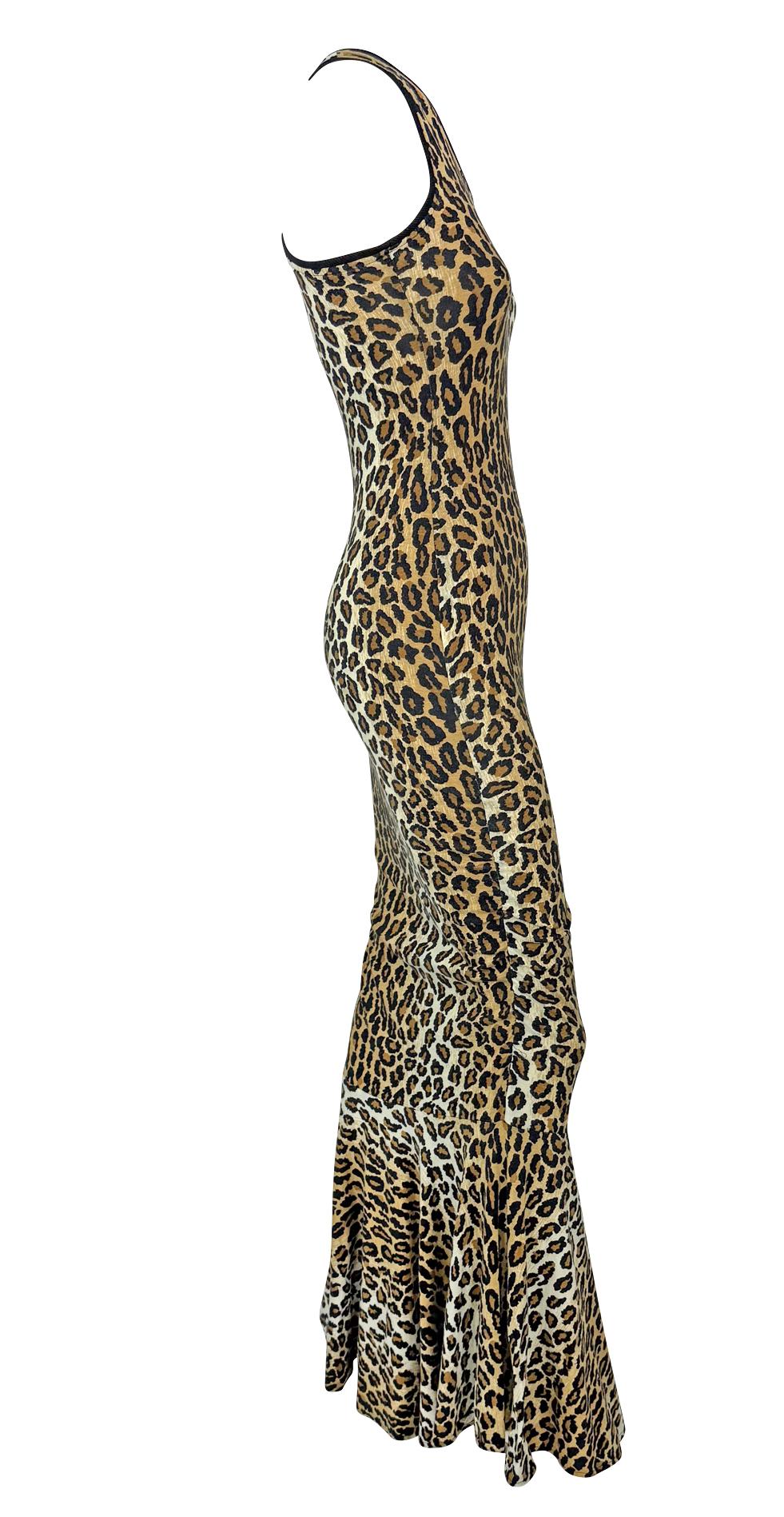 Women's 1980s Patrick Kelly Leopard Print Jersey Sleeveless Stretch Flare Gown For Sale