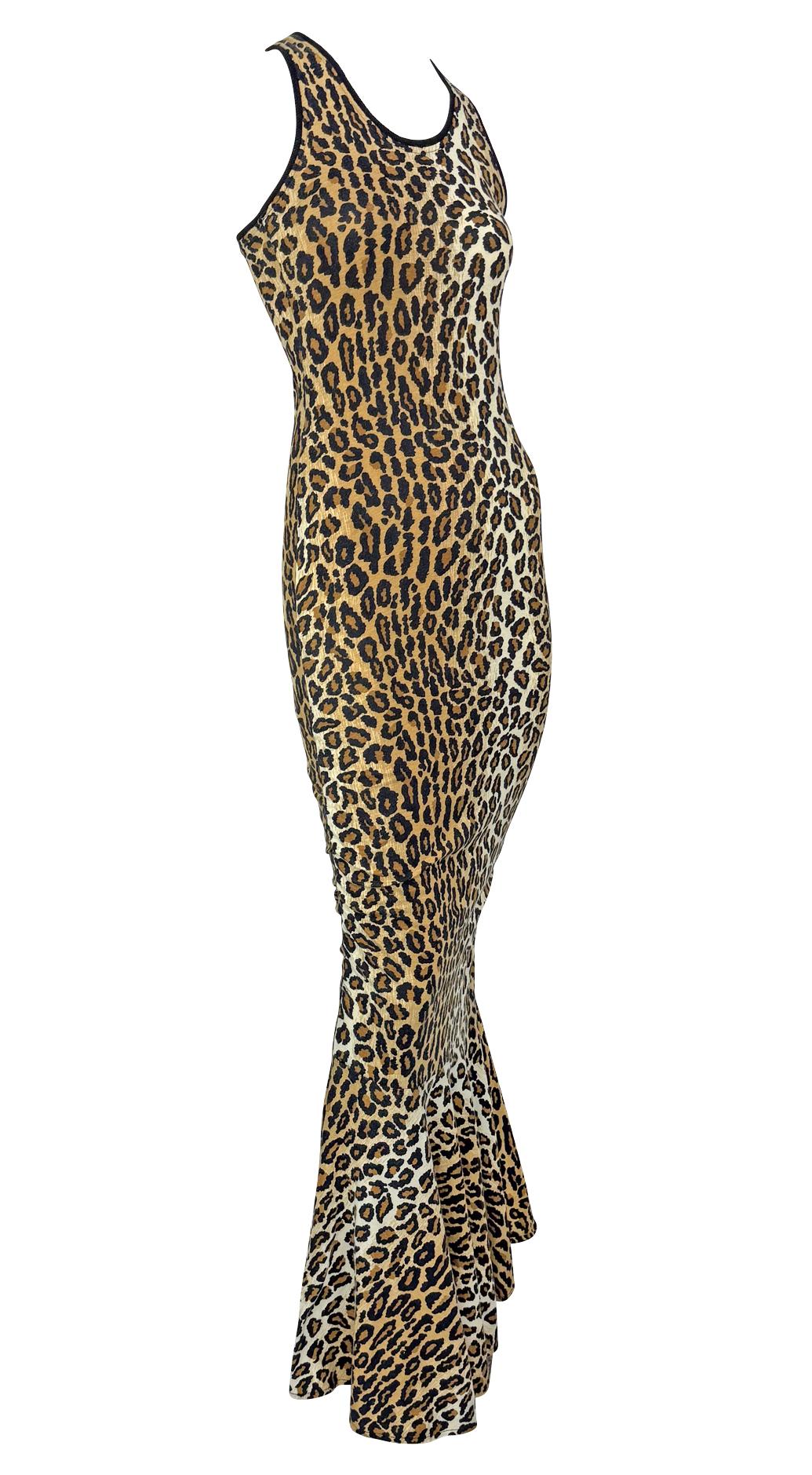 1980s Patrick Kelly Leopard Print Jersey Sleeveless Stretch Flare Gown For Sale 1