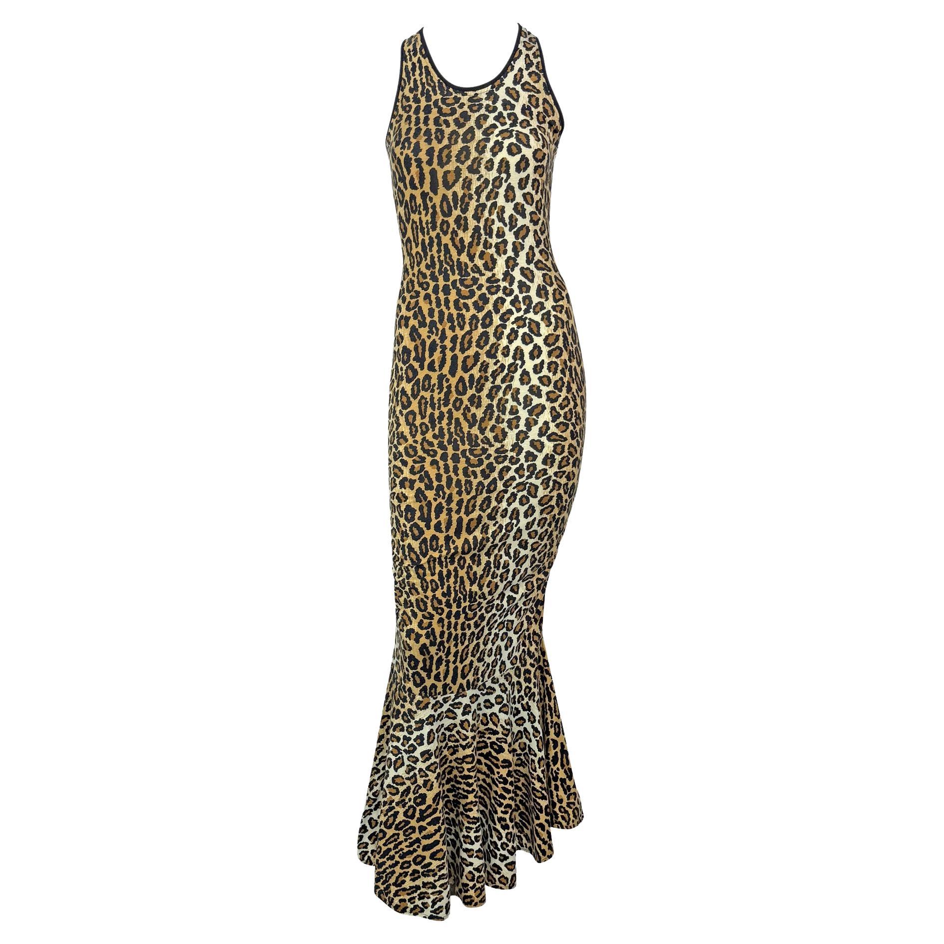 1980s Patrick Kelly Leopard Print Jersey Sleeveless Stretch Flare Gown For Sale