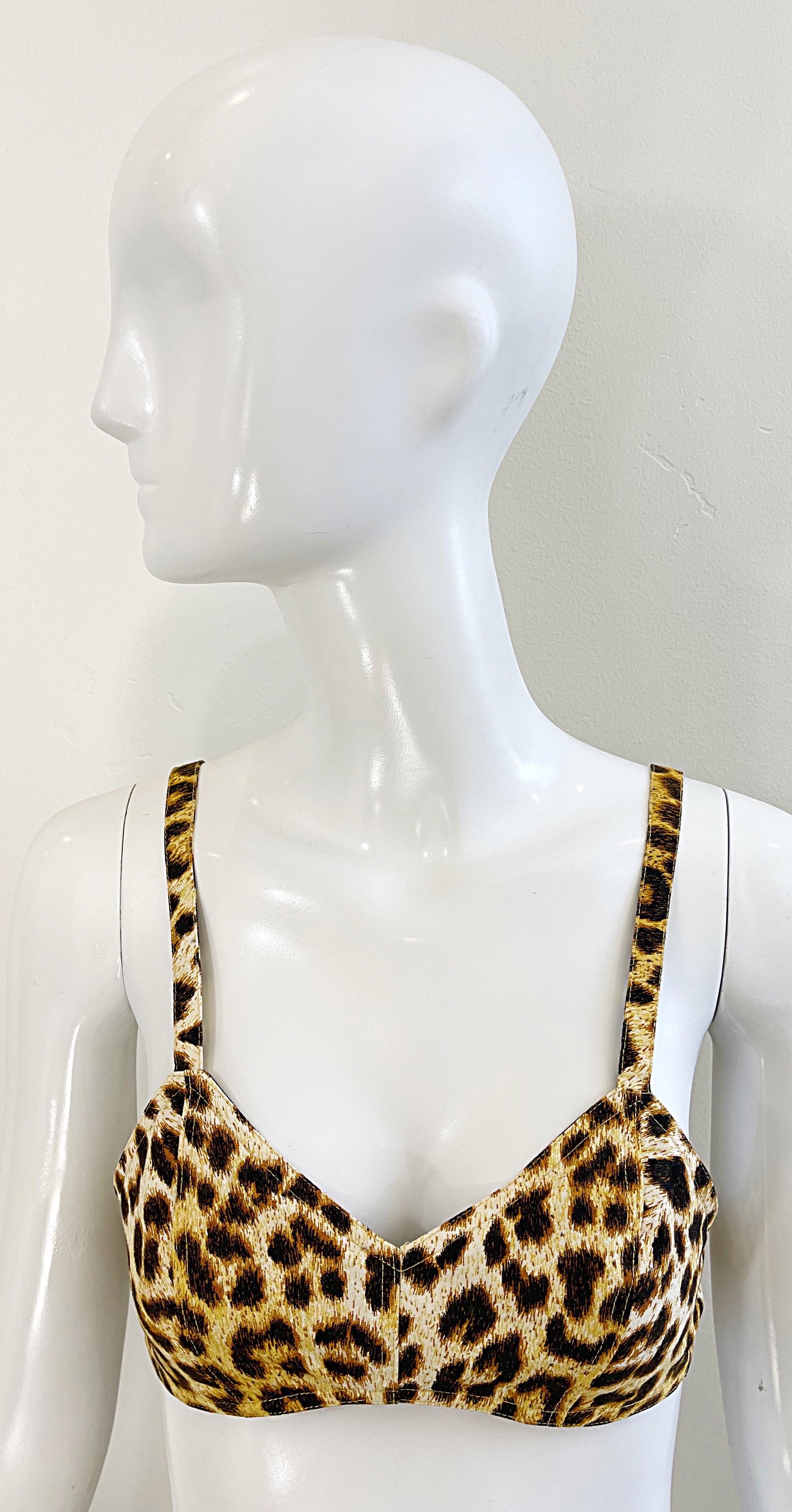 1980s Patrick Kelly Paris Leopard Print Size 4 Cotton Bra 80s Vintage Crop Top For Sale 6