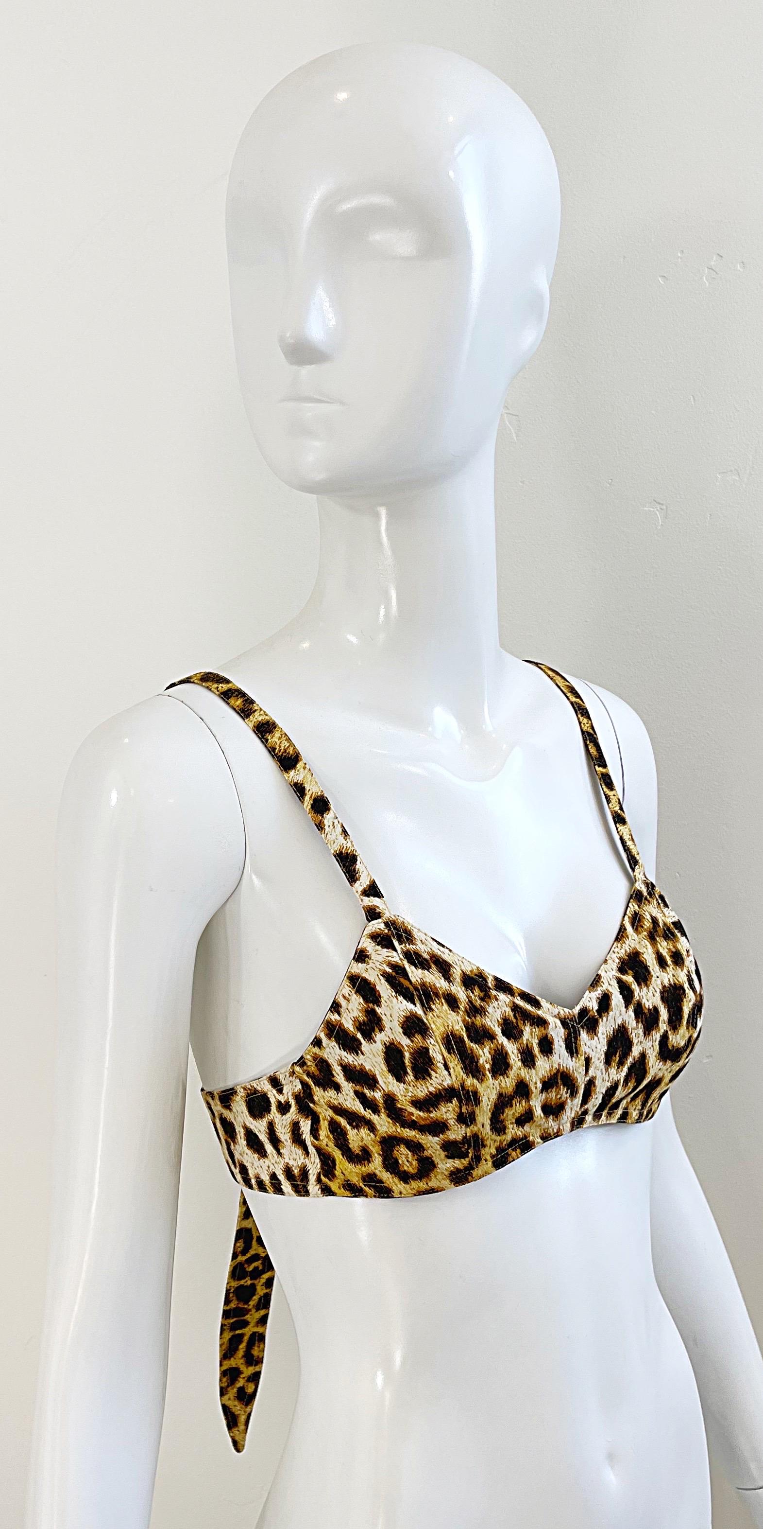 1980s Patrick Kelly Paris Leopard Print Size 4 Cotton Bra 80s Vintage Crop Top en vente 4