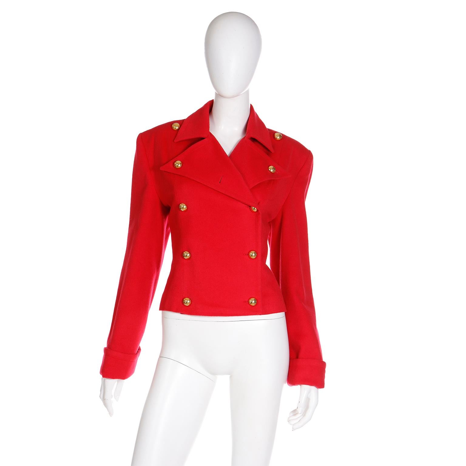This vintage 1980's Patrick Kelly jacket is in the perfect shade of red! The soft cashmere wool blend fabric and contrasting double row of gold buttons makes this jacket stand out as a luxurious piece that would elevate any wardrobe! Patrick Kelly